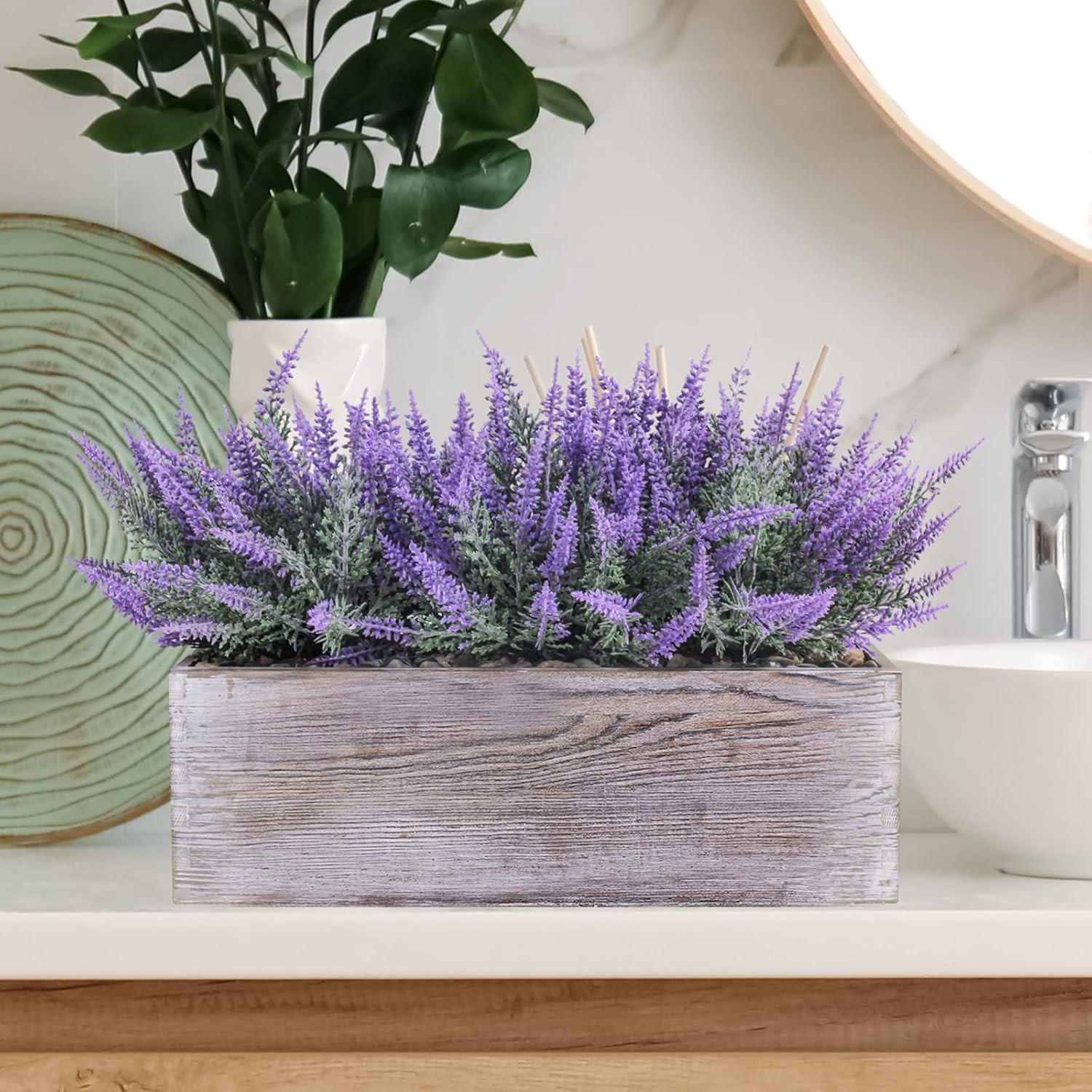 Fake Lavender Flower Arrangement in Rustic Rectangular Wood Planter Box Artifici