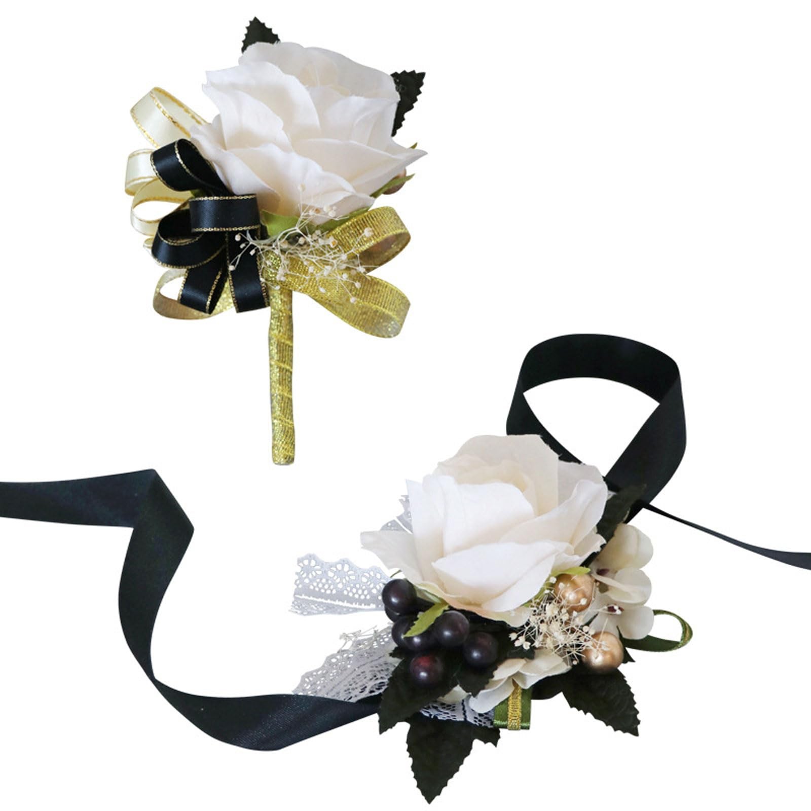 Ivory Rose and Black Wrist Corsage and Boutonniere Set for Wedding Flower Acc…