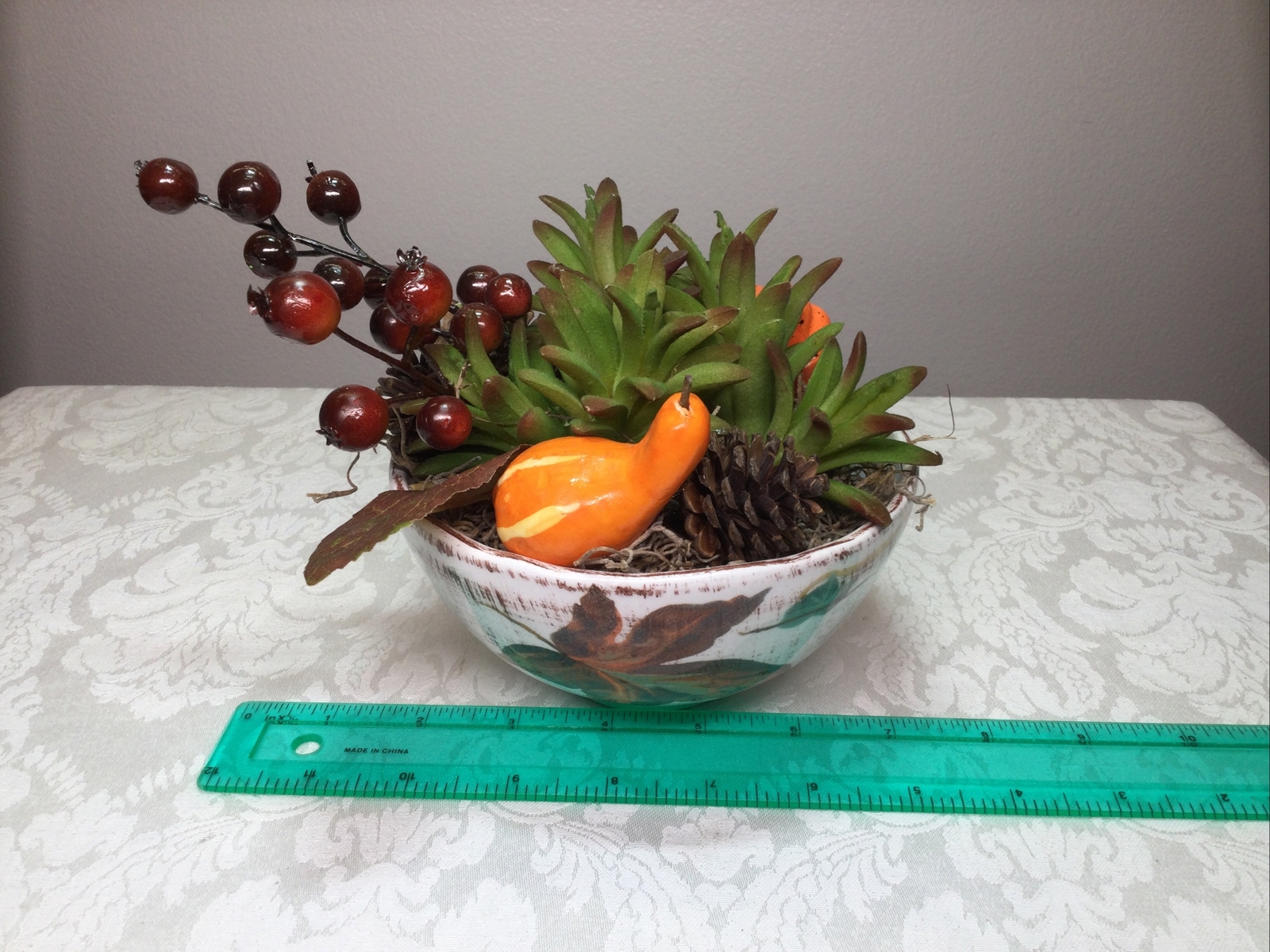 Floral Faux Succulent Arrangement Tuscan Bowl Centerpiece Fall Autumn Decor