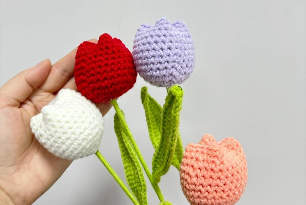 6 pcs Crochet Flower Tulip Bouquet,15″ Finished Hand-Woven Bouquets, Fake Flo…