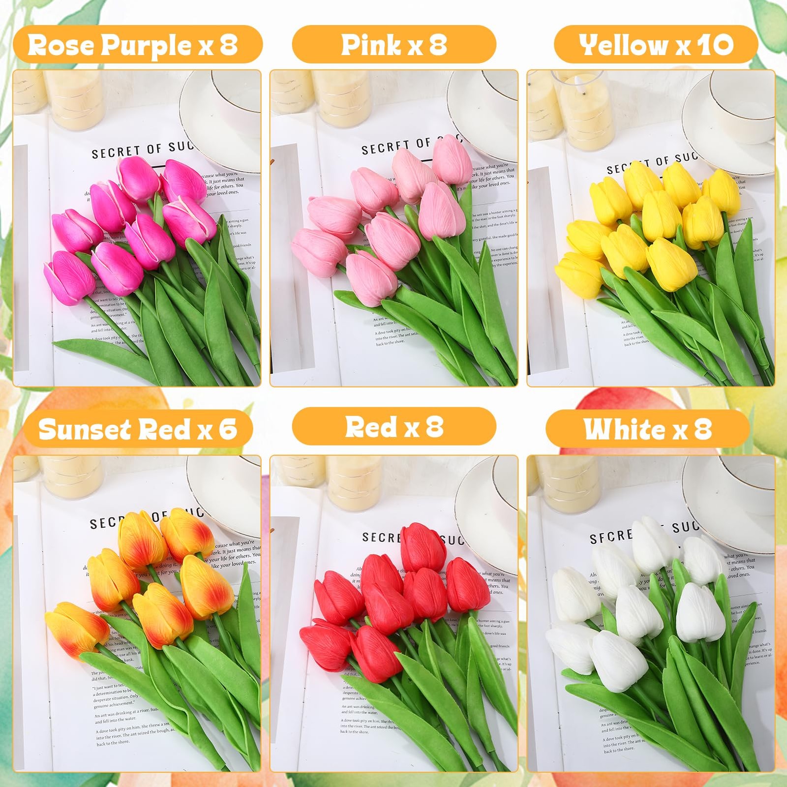48 PCS Mixed Colors Artificial PU Fake Tulips Flower Bouquet Home Office