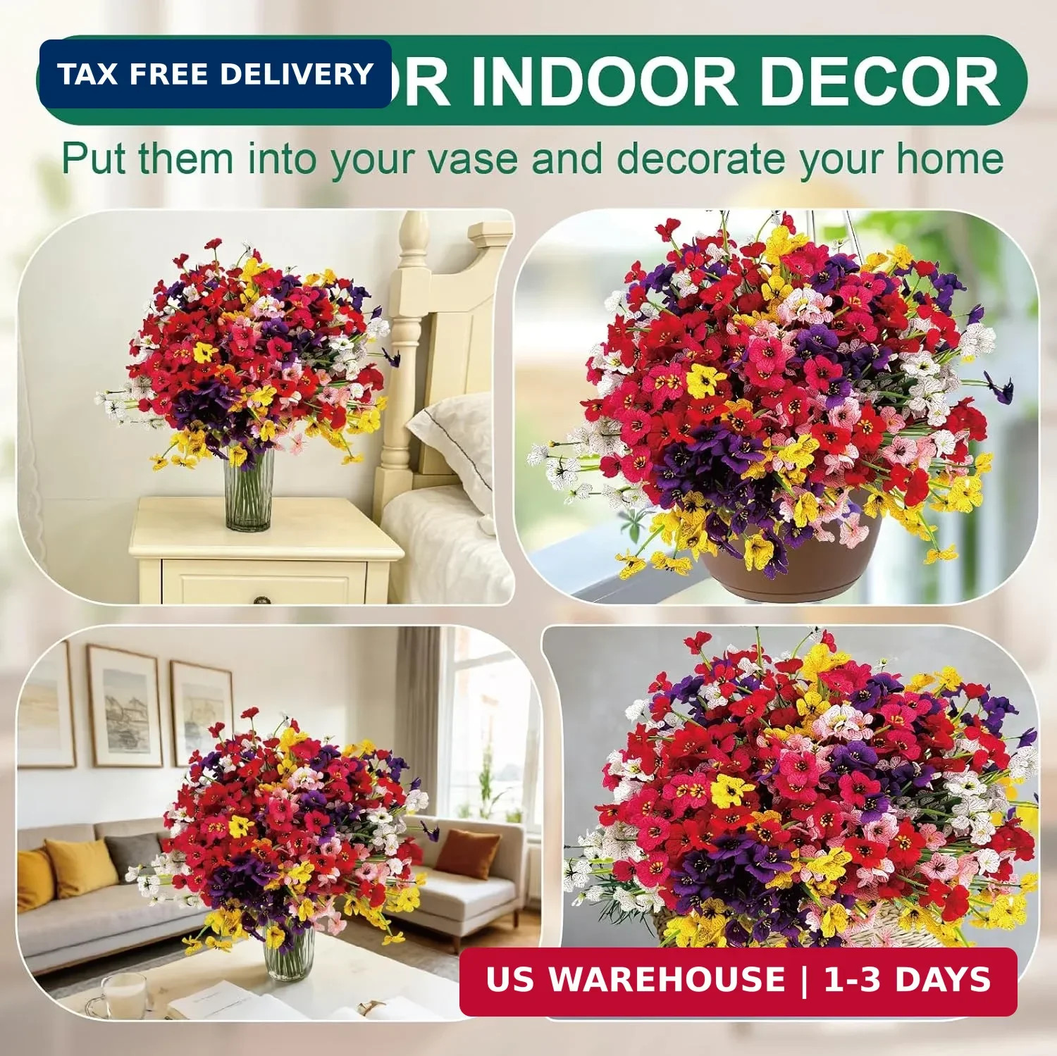 24 Pcs (6 Color) UV Resistant Outdoor Artificial Faux Flowers Plants Realistic P