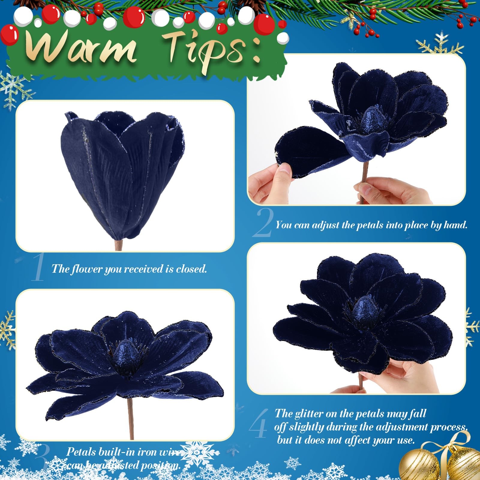 12 Pcs Large Velvet Christmas Poinsettia Magnolia Flowers Dark Blue Decor