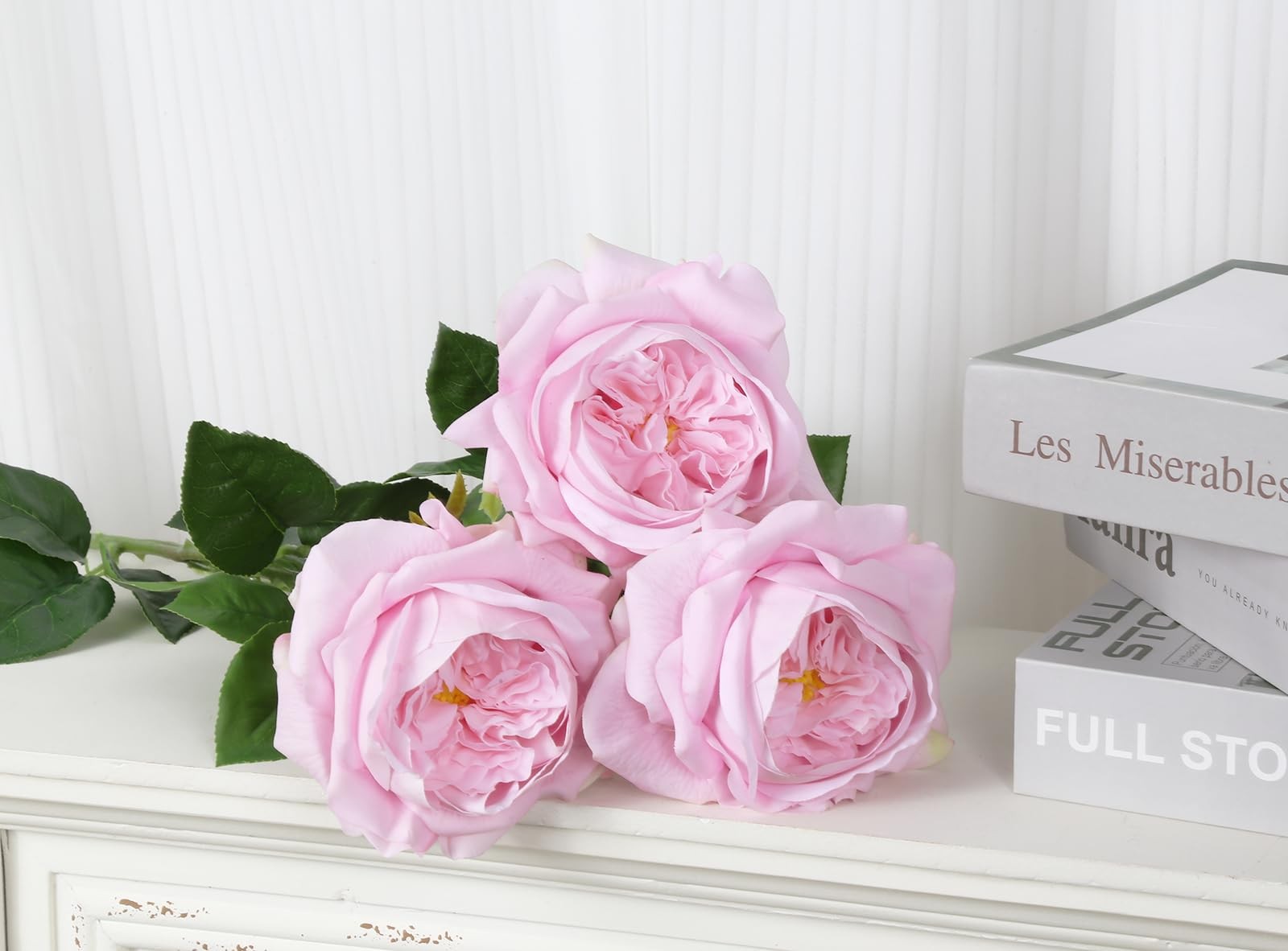 3PCS Ligh Pink Austin Rose Artificial Flowers 5.1″ Large Fake Rose 23.62″ Lon…
