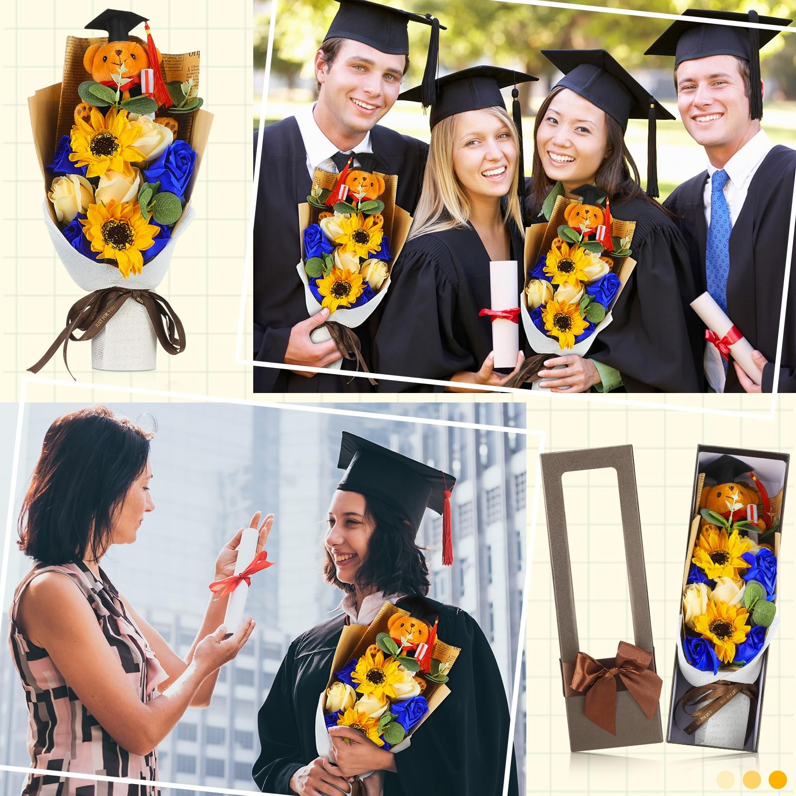 13″ Blue Graduation Rose Sunflower Scented Soap Flower Bouquet Plush Bear