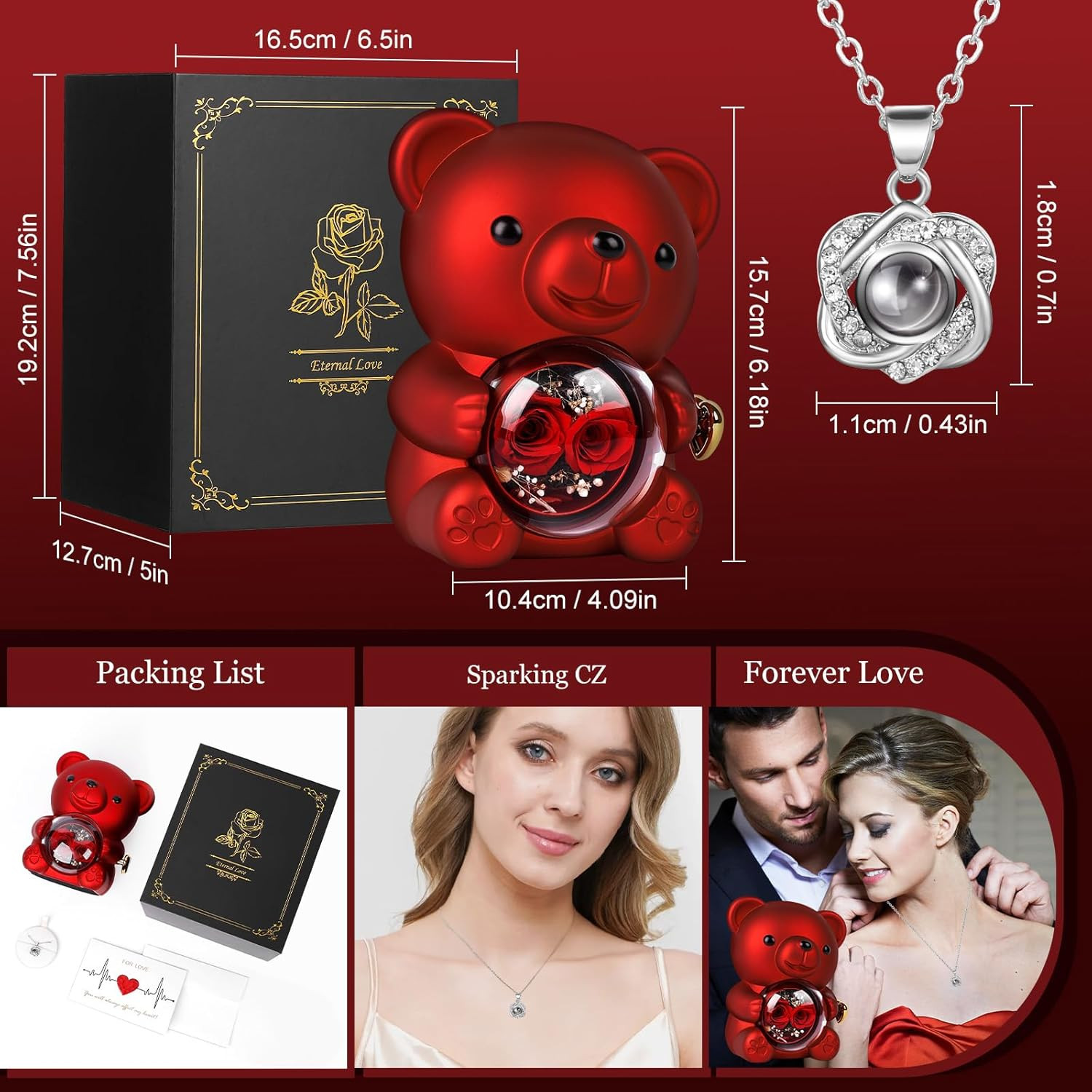 Red Rose Bear Teddy with Necklace Gift Box Forever Flower Romantic Gift for Her