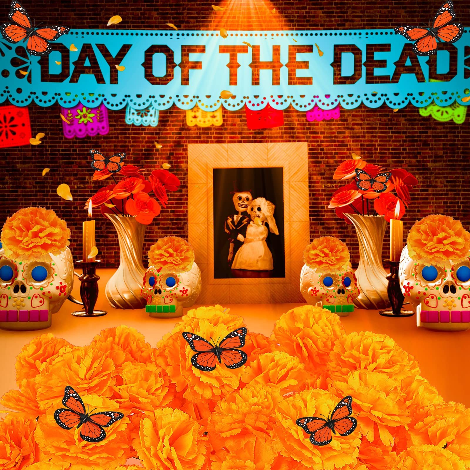 60 Artificial Marigold Flowers with Stem 20 Monarch Butterfly Day of The Dead…