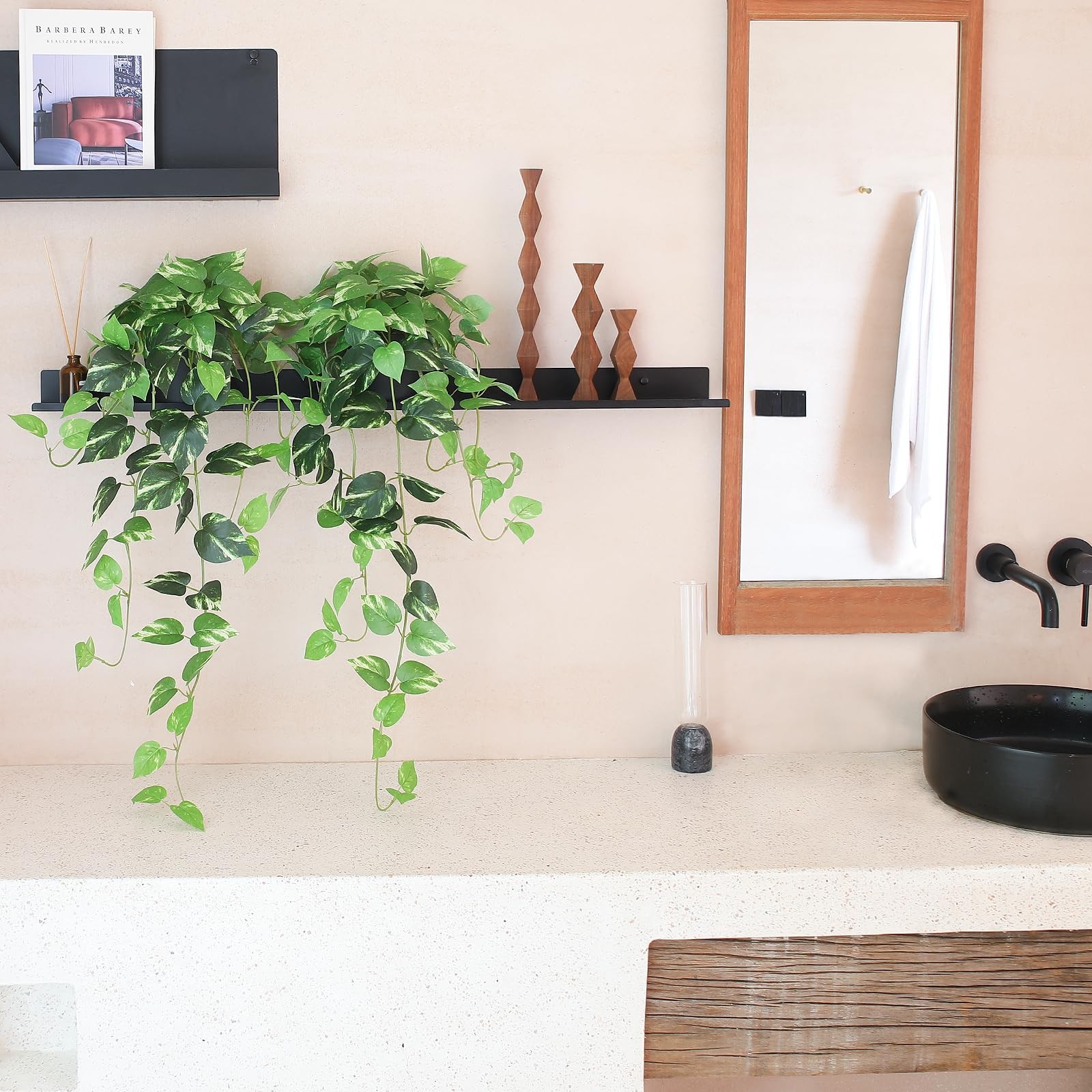 Fake Pothos Hanging Plants 33″ Set of 2 Artificial Silk Ivy Vines with Pots,…
