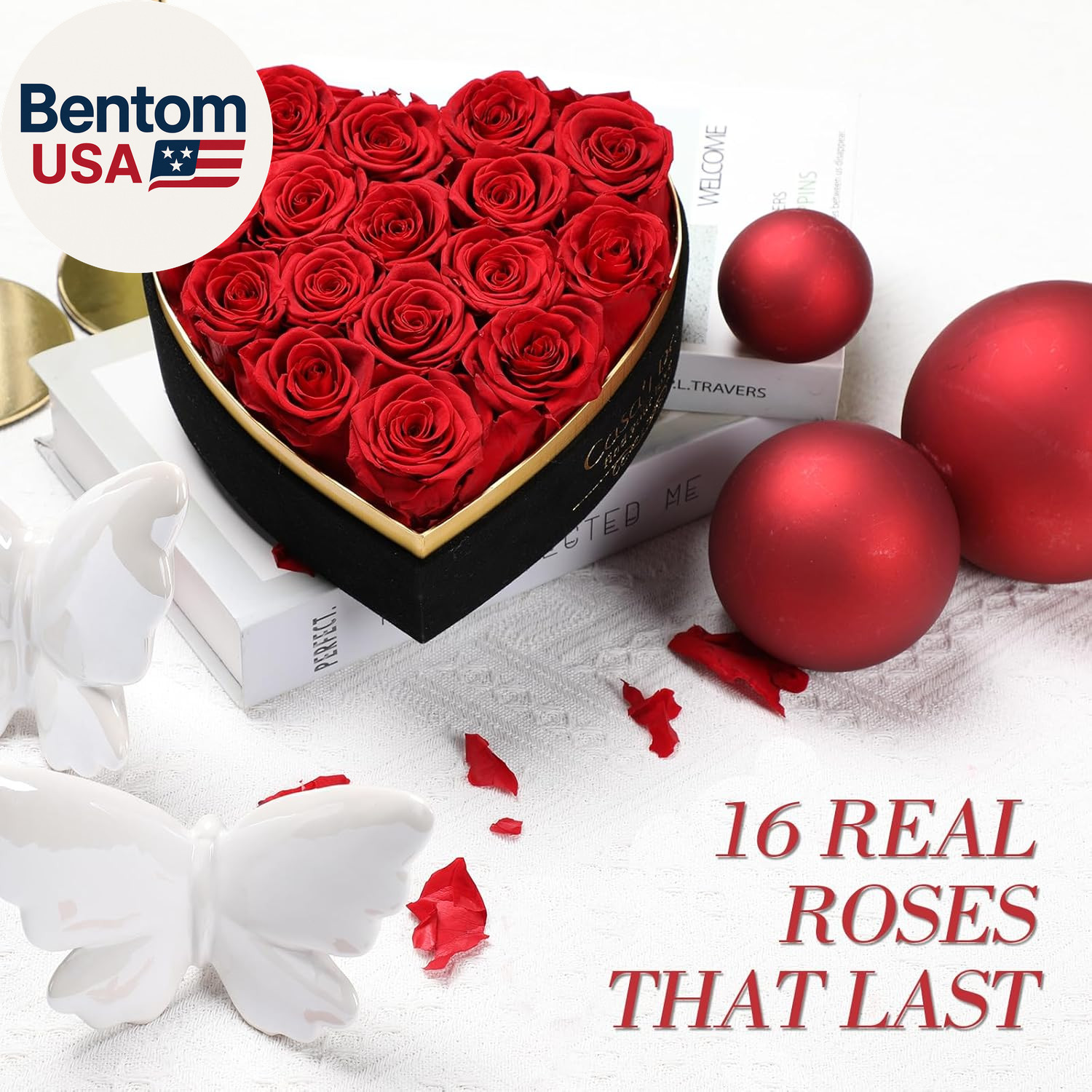 Preserved Roses Flowers for Delivery 16 Pcs, Forever Flores in Heart Box with Ne