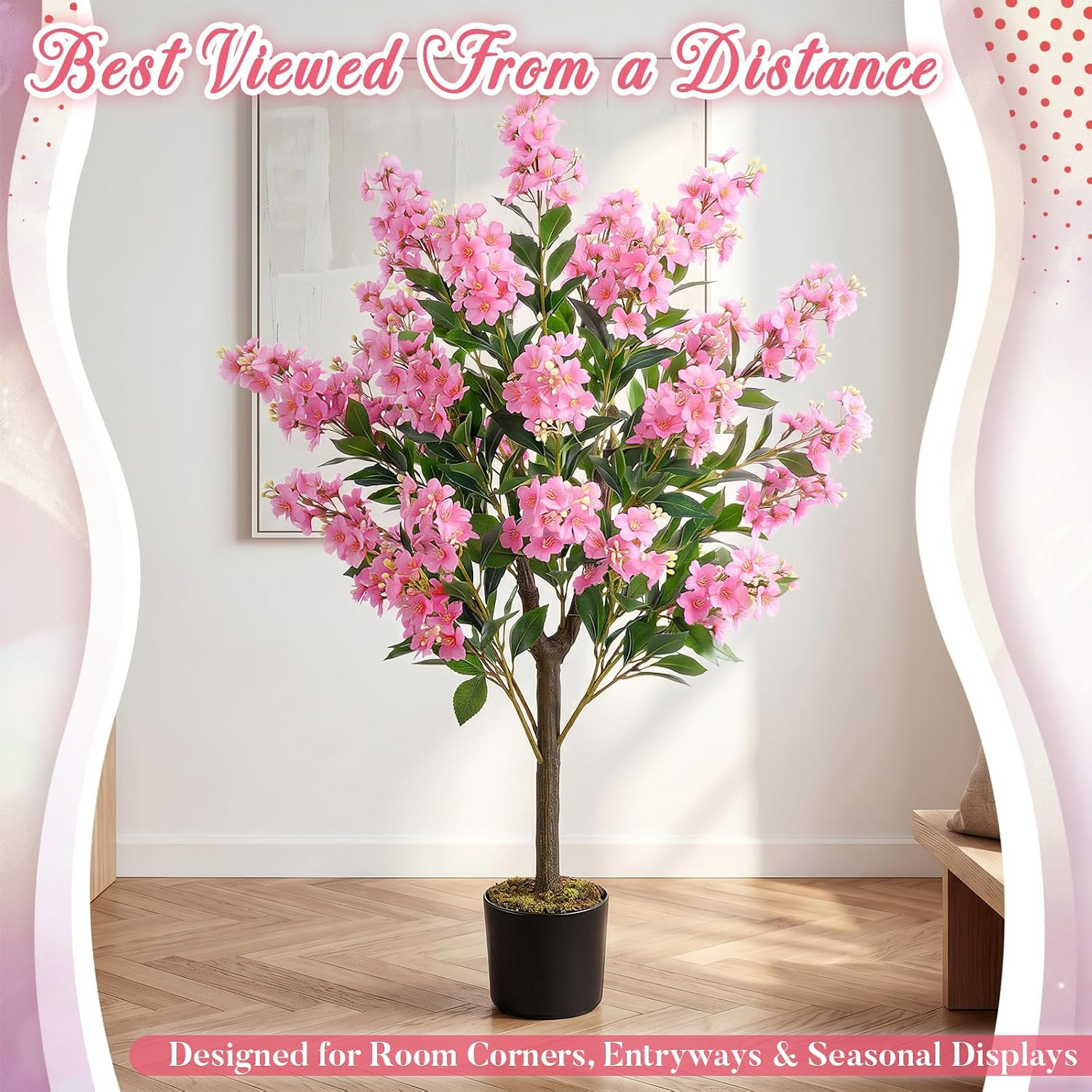 1 Pack 3.5 Ft Artificial Pink Crape Myrtle Tree Plant, 42 Inch Faux Blooming Lag