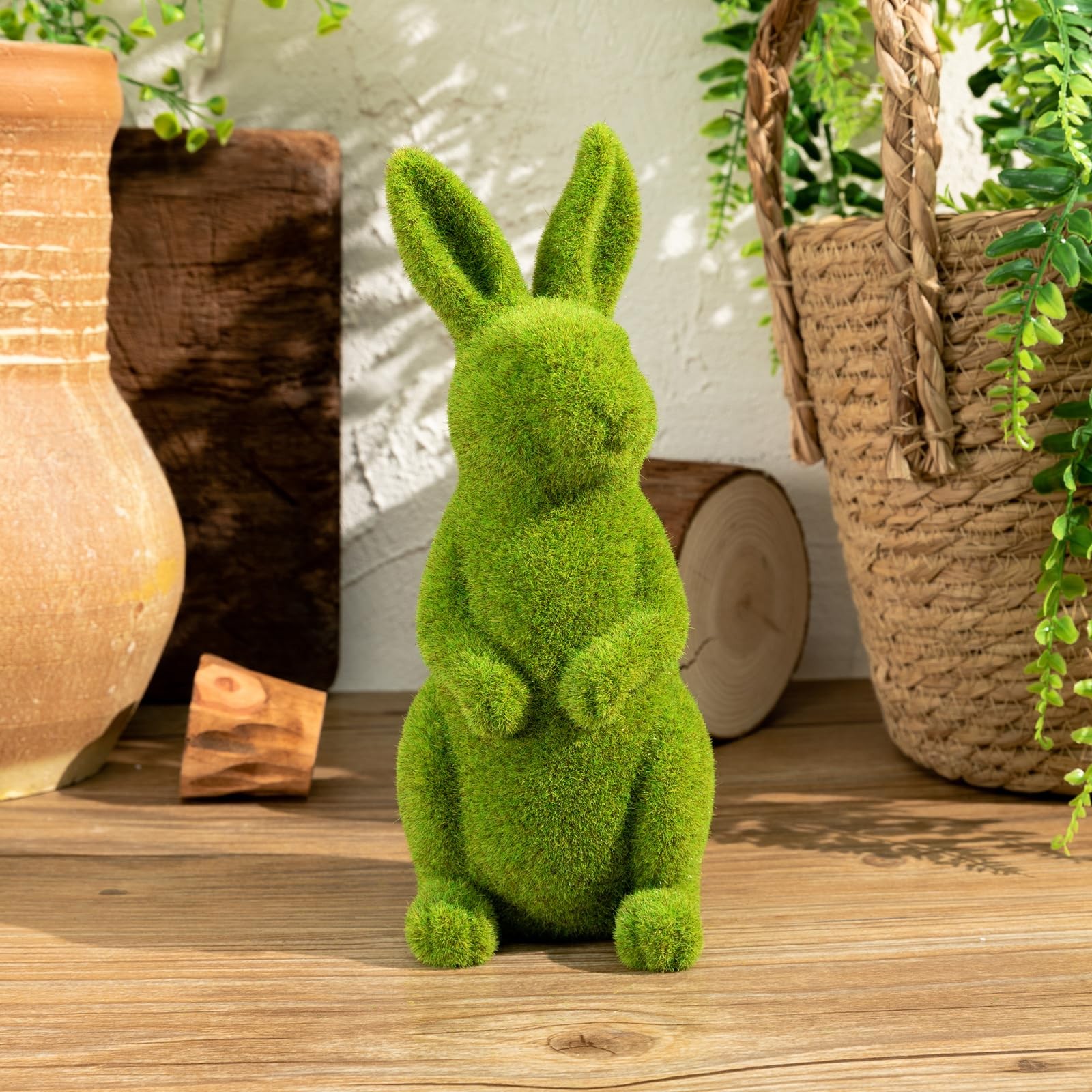 Easter Bunny Decorative Ornament Artificial Green Moss Rabbit 9.5 In Stand