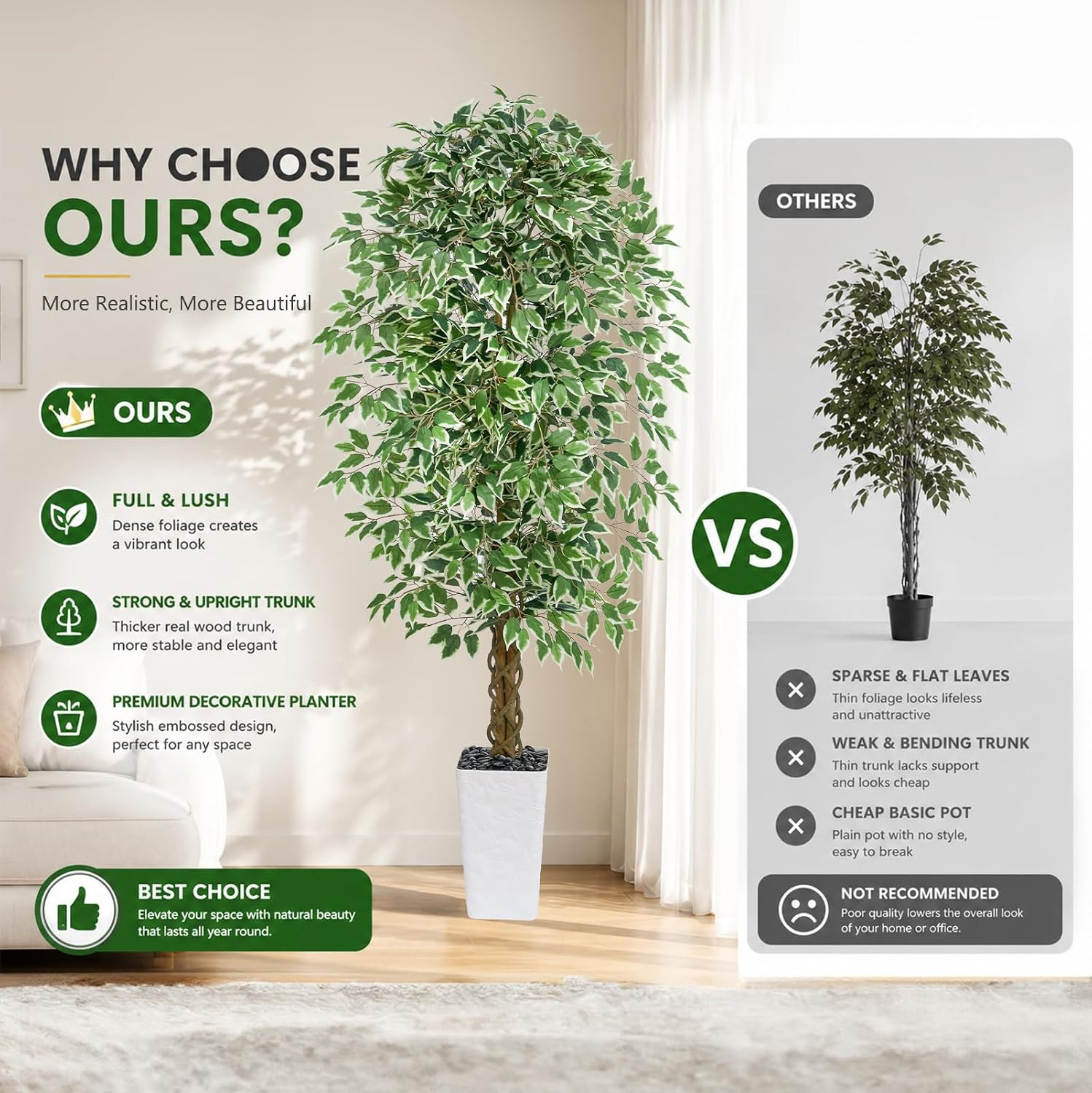 Artificial Ficus Tree, 7FT Faux Plants Indoor White Planter | Lifelike Green Lea