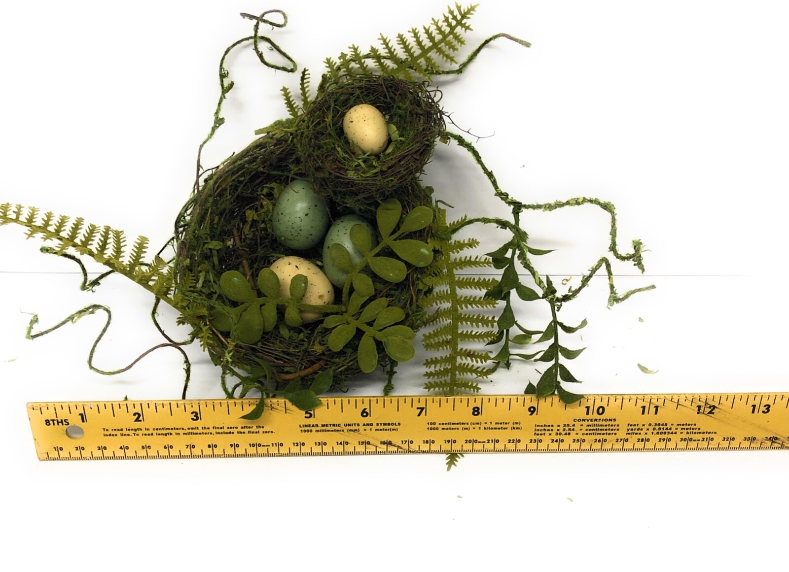 Artificial Moss Covered Twig Double Bird Nest with Fern and Vine Accents.eggs