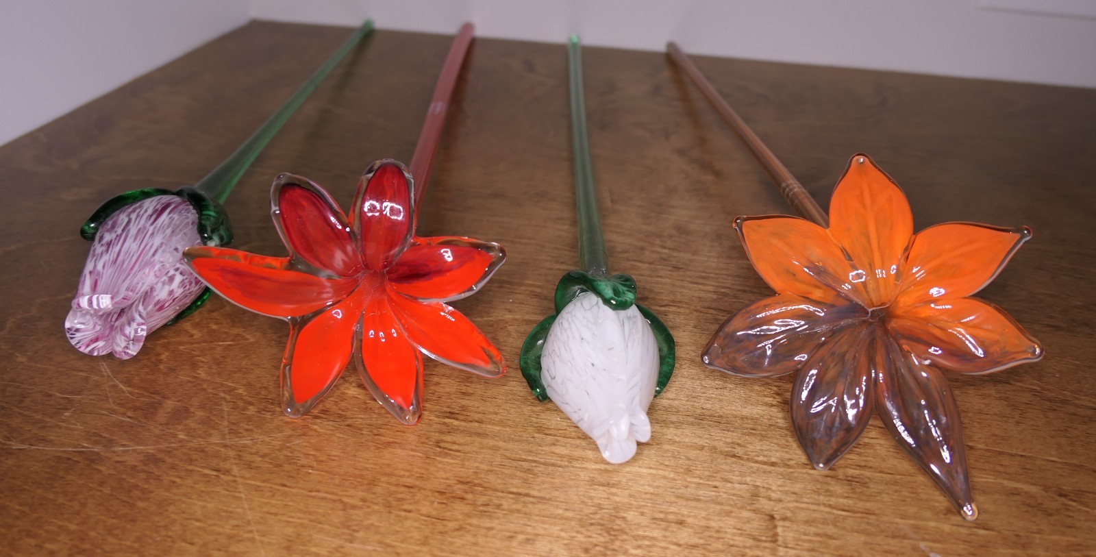 4 Art Glass Flowers Long Stem Czech Republic Royal Gallery Lilies Tulips 18″