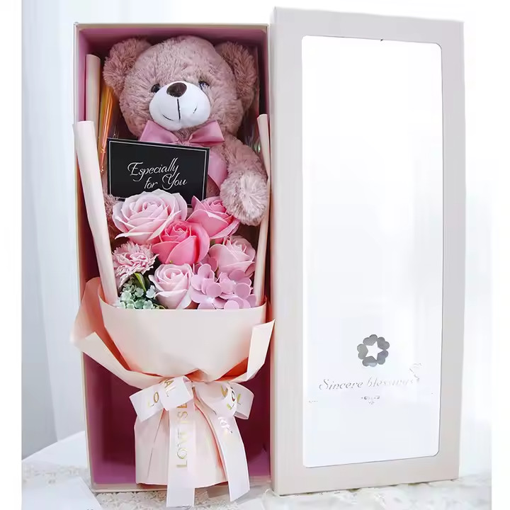 Plush Teddy Bear Bouquet Gifts Soap Rose Flower Gift Box w/ LED Valentine’s Day