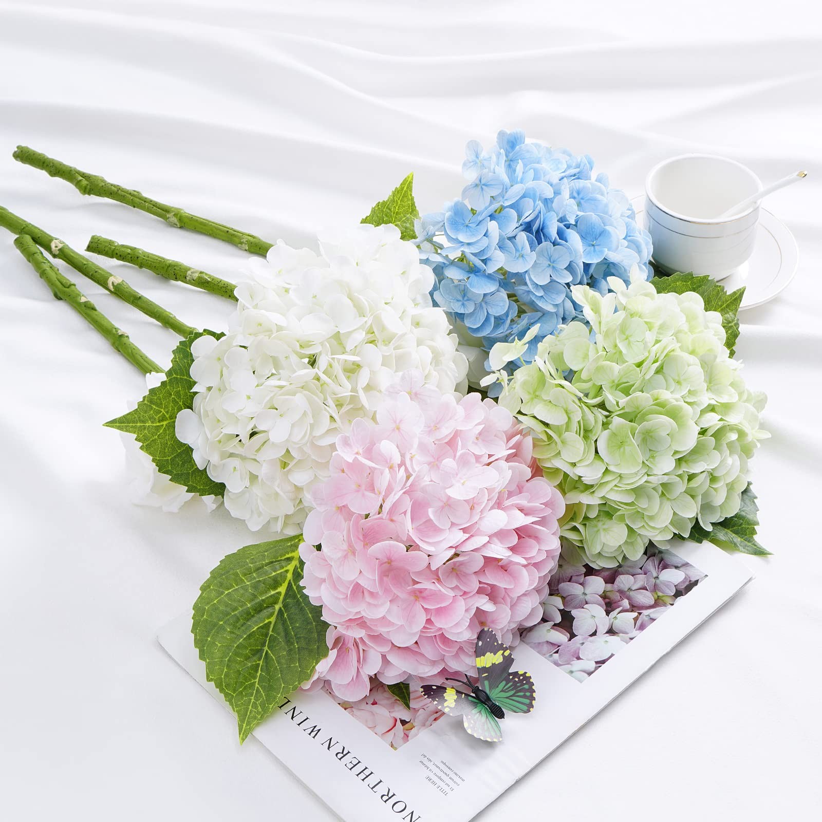 Waipfaru 21″ Real Touch Hydrangea Artificial Flowers with Long Stem & Leaves,…