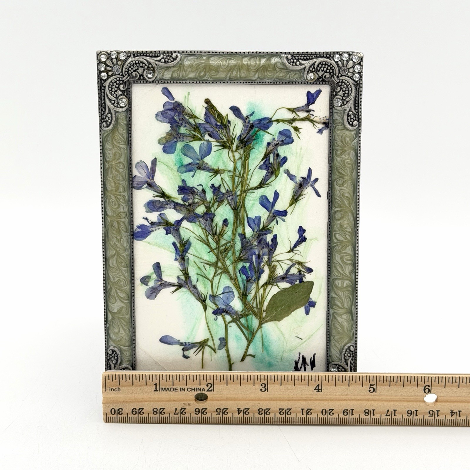 Botanical Art Pressed Blue Flowers In Ornate Metal Frame 6.75 X 4.5 Inch Signed