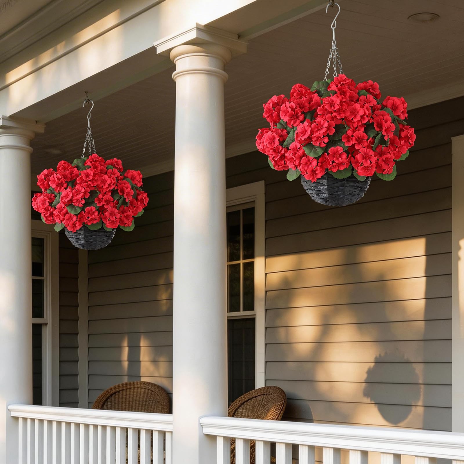 2 Set Artificial Geraniums Flowers with Hanging Baskets for Outdoors – Sun Re…