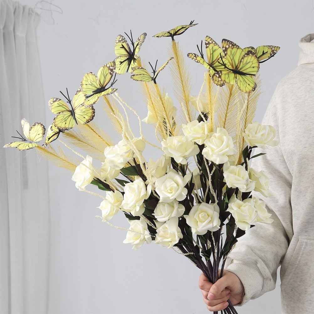Artificial Reed Flower Bouquet for Wedding Home Office Decor White Pink Yellow