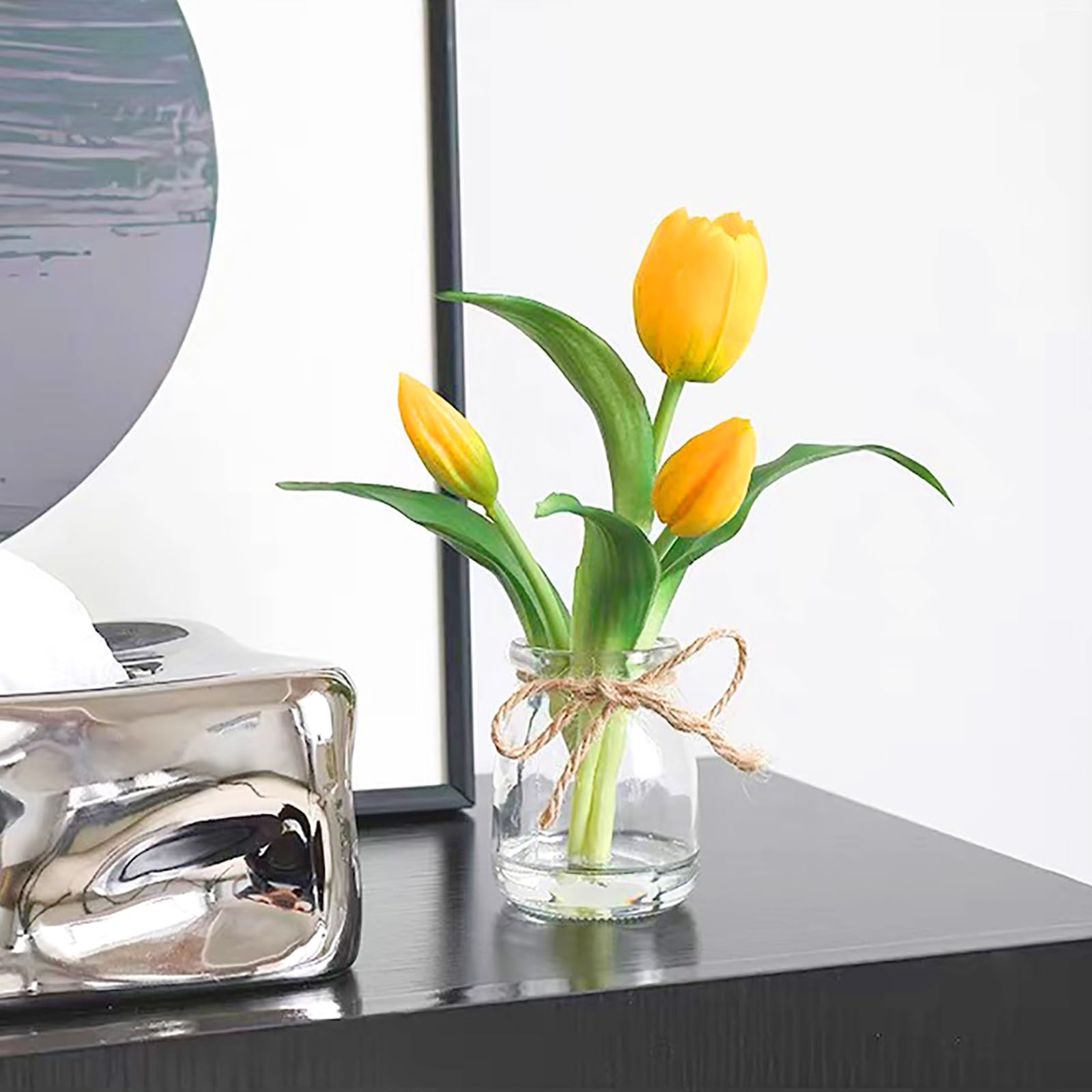 Tulips Artificial Flowers with Vase, Yellow Real Touch Tulips with Faux Water…