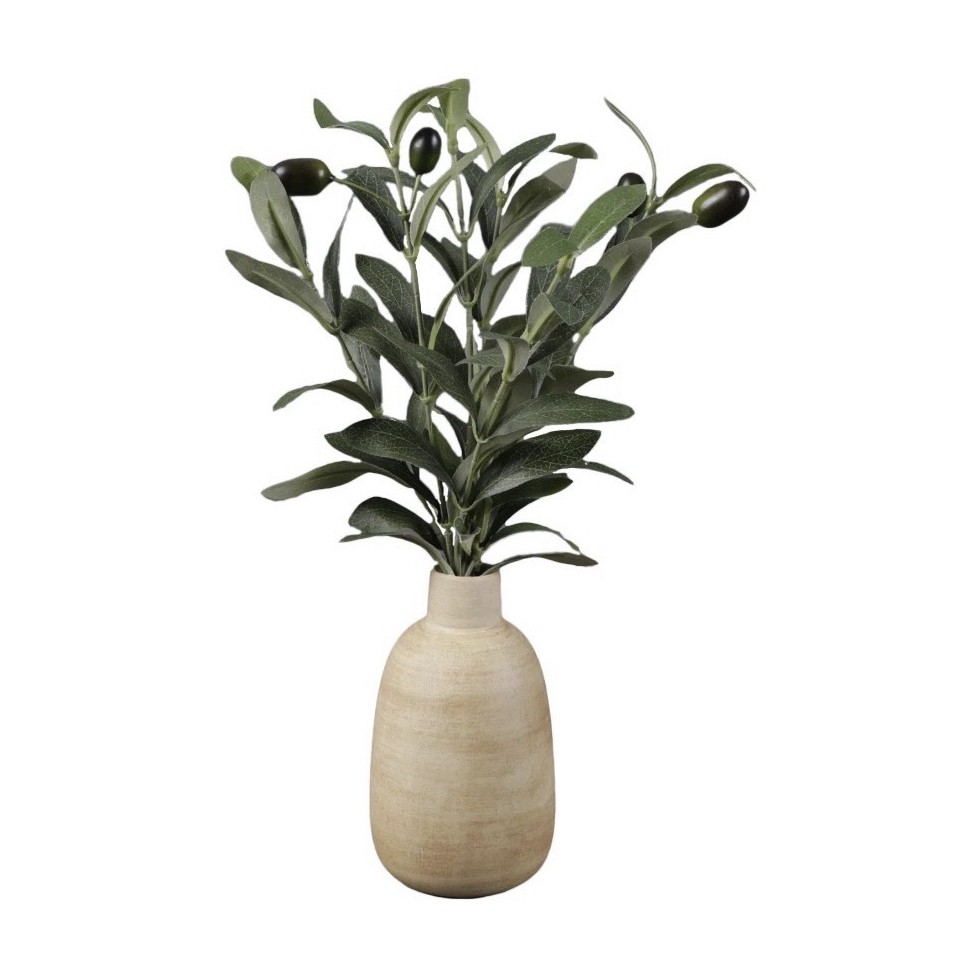 Artificial Olive Branch Arrangement in Beige Vase, Green/Black, 15 in x 6.5 in