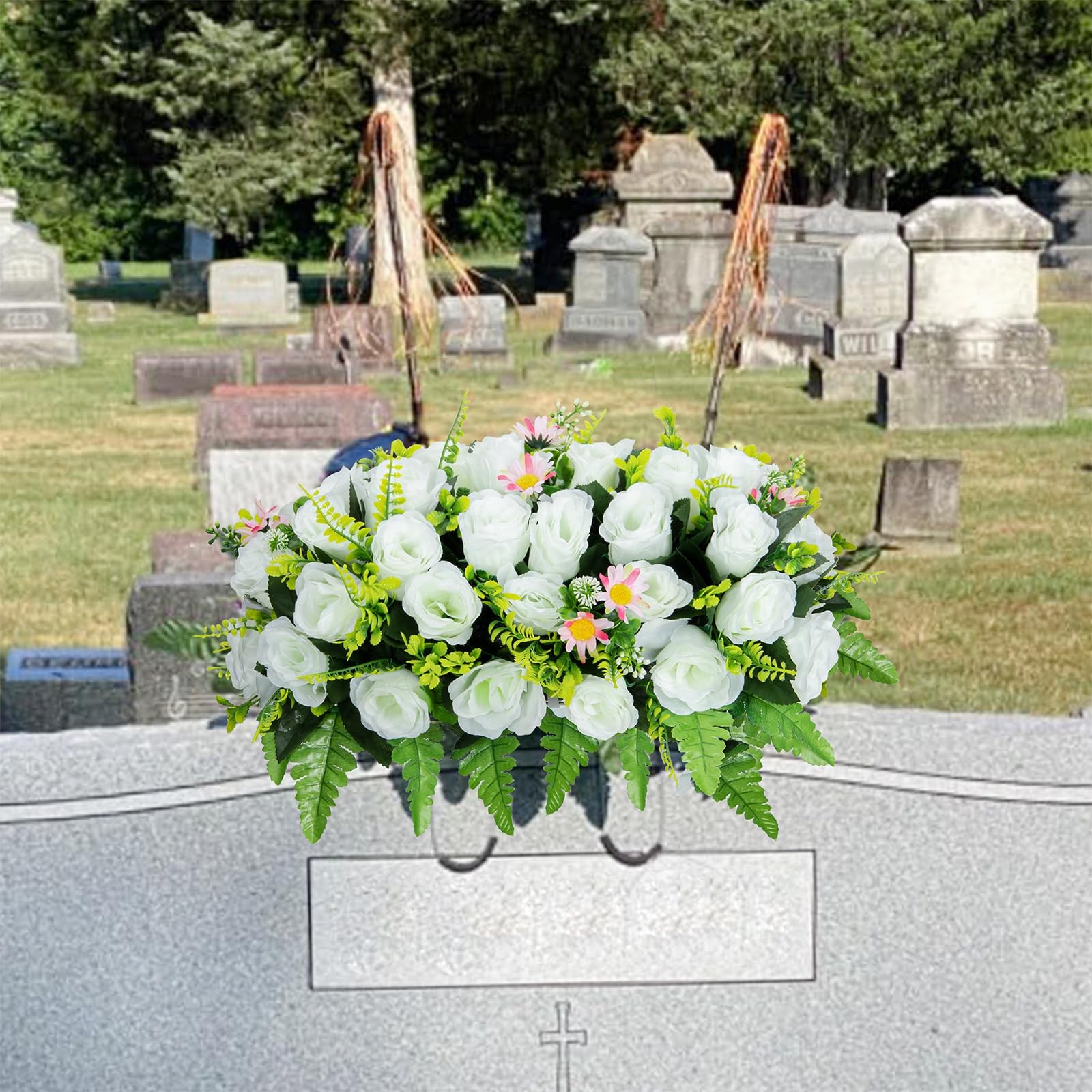 Artificial Headstone Flower Saddle, Cemetery Flowers for Grave, Cemetery Sadd…