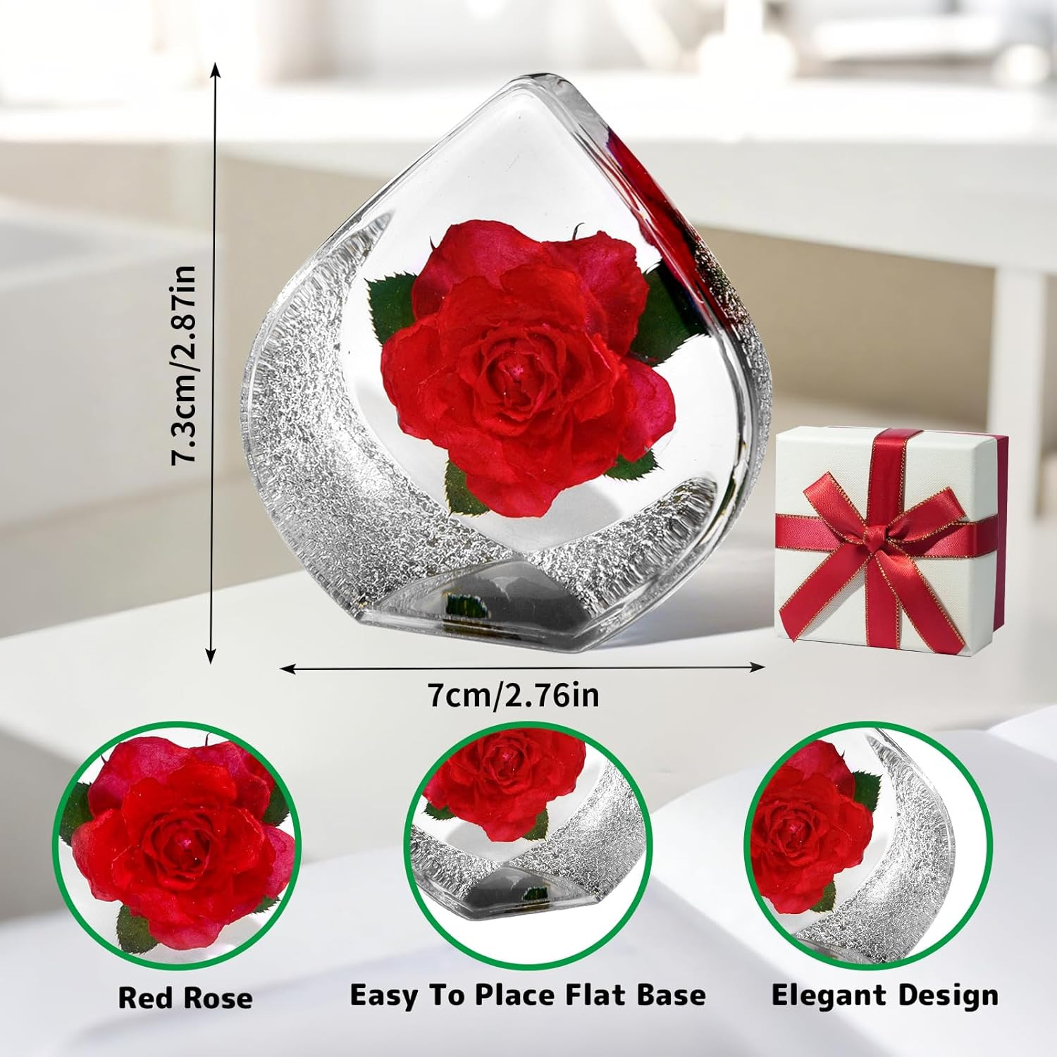 Preserved Red Rose in Resin,Teardrop Shaped Real Rose Gift Set Perfect Roses Pre