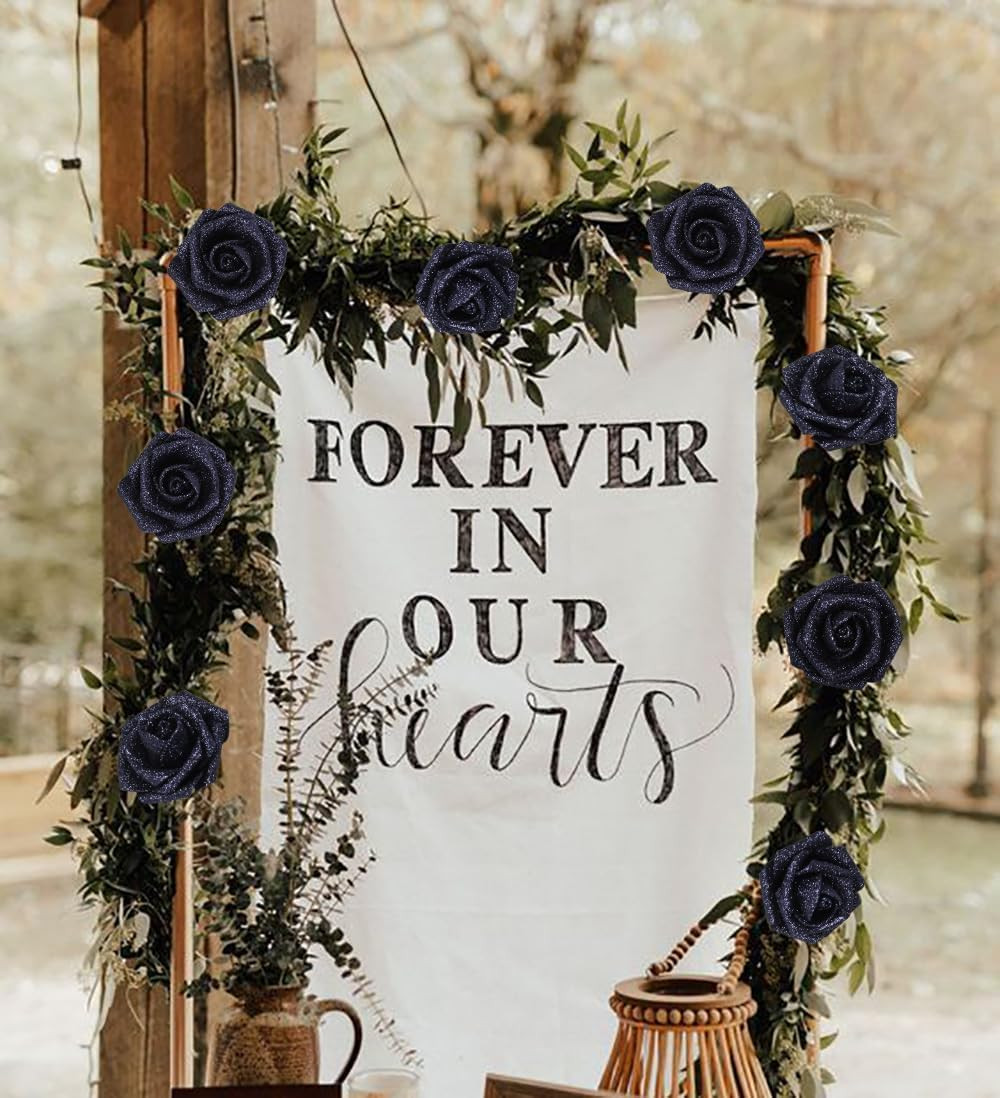 Glitter Roses 30Pcs 2.56″ Artificial Grey Black Roses with Stems for Baby Shower