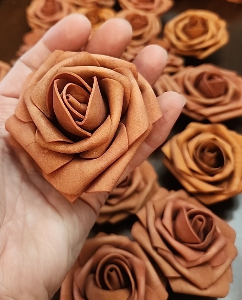21 Foam Flower Blossom Heads Roses Terracotta Sunset & Burnt Orange Stemless