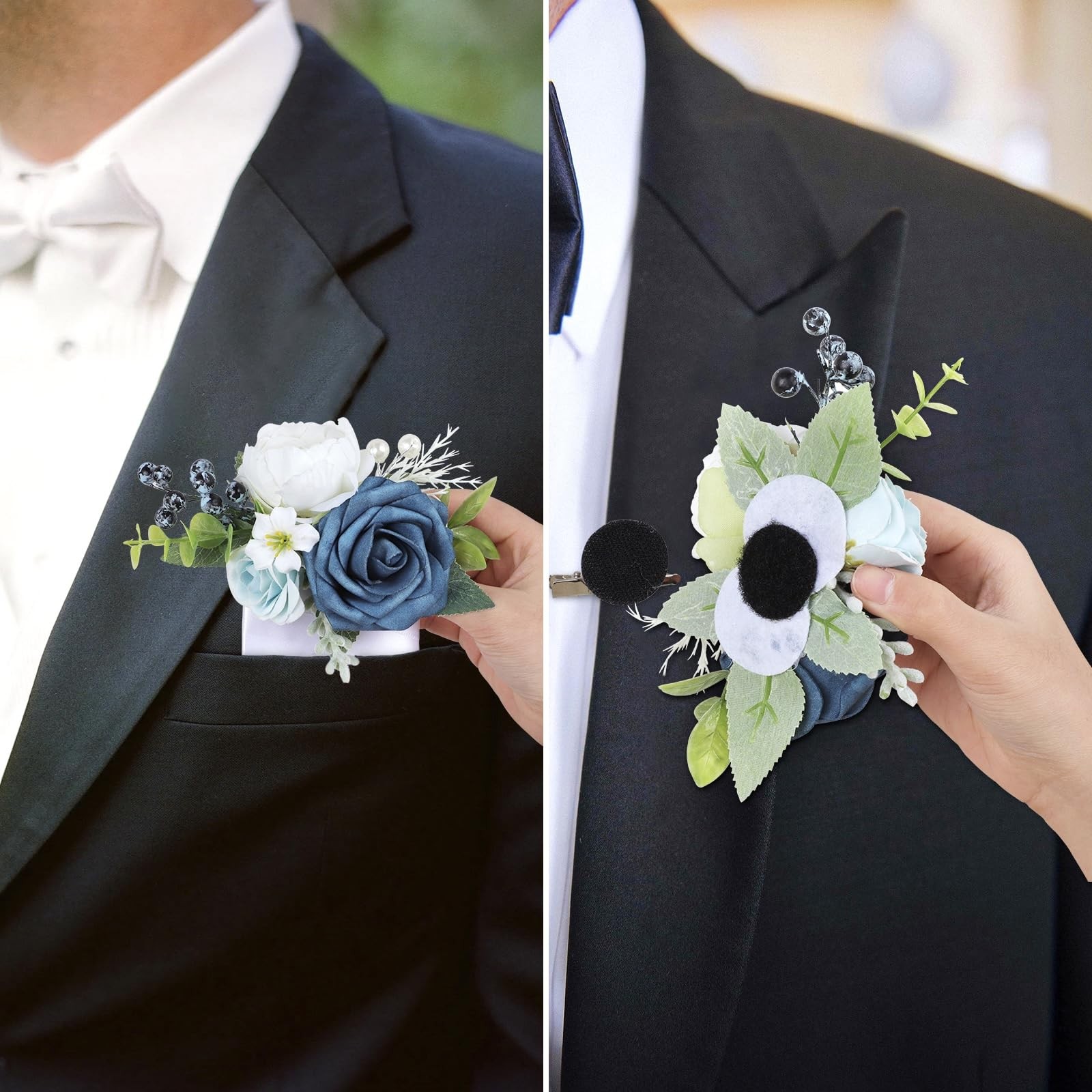 Dusty Blue Flowers Pocket Boutonniere Men Groom Wedding Formal Party