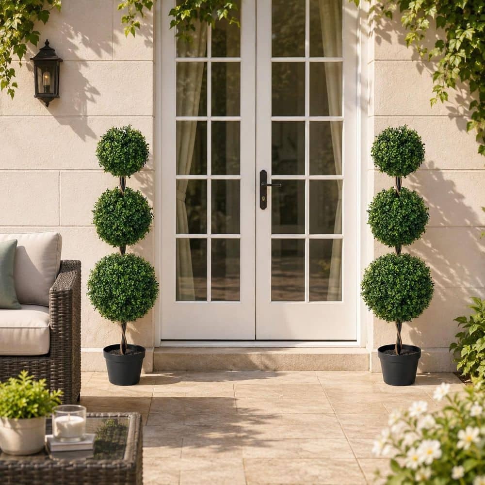 4 Ft. Artificial Triple Ball Topiary Trees Large Faux Boxwood Shrubs Plants for