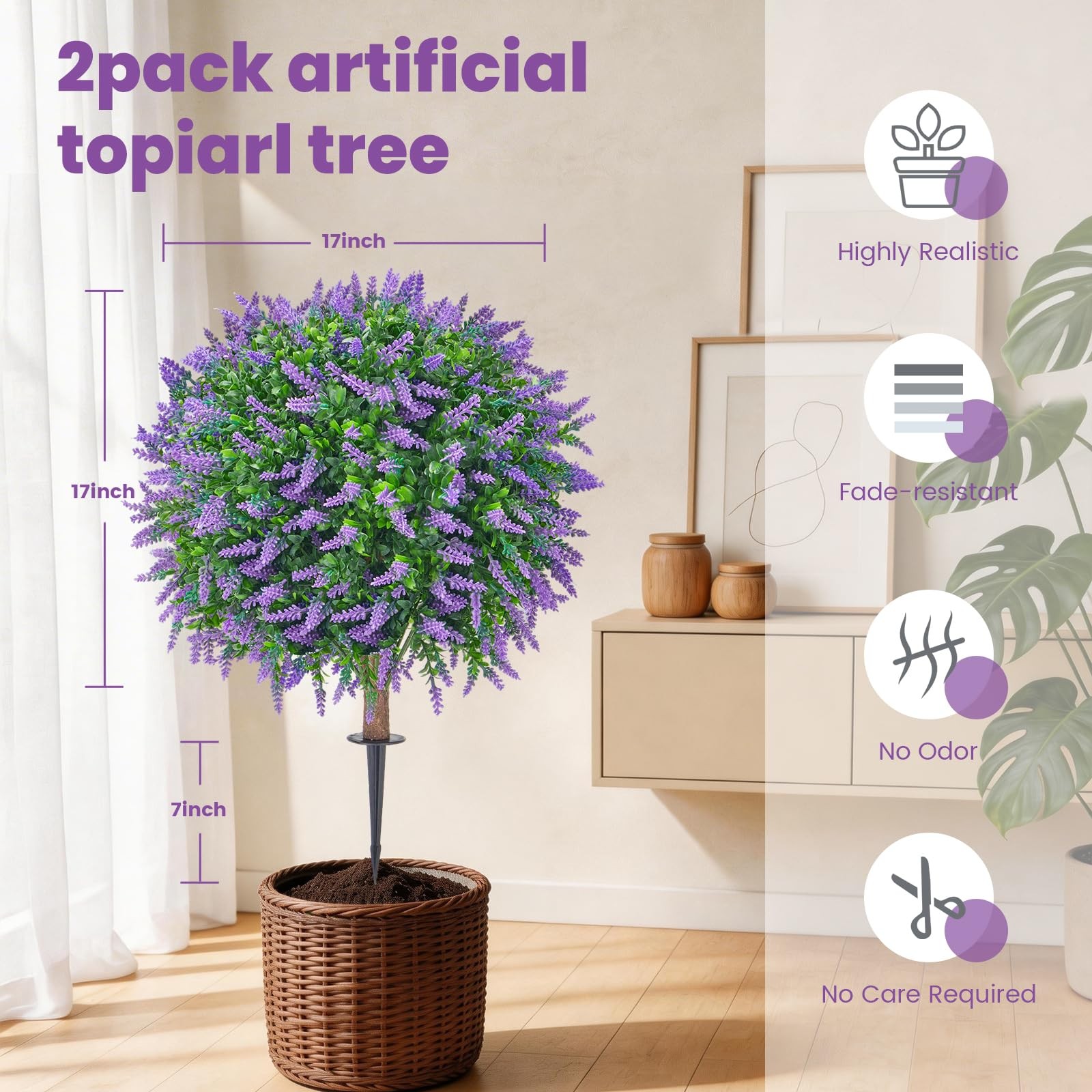 Artificial Lavender Topiary Trees, 4 Pack | Ground Spike, No-Fade UV Resistan…