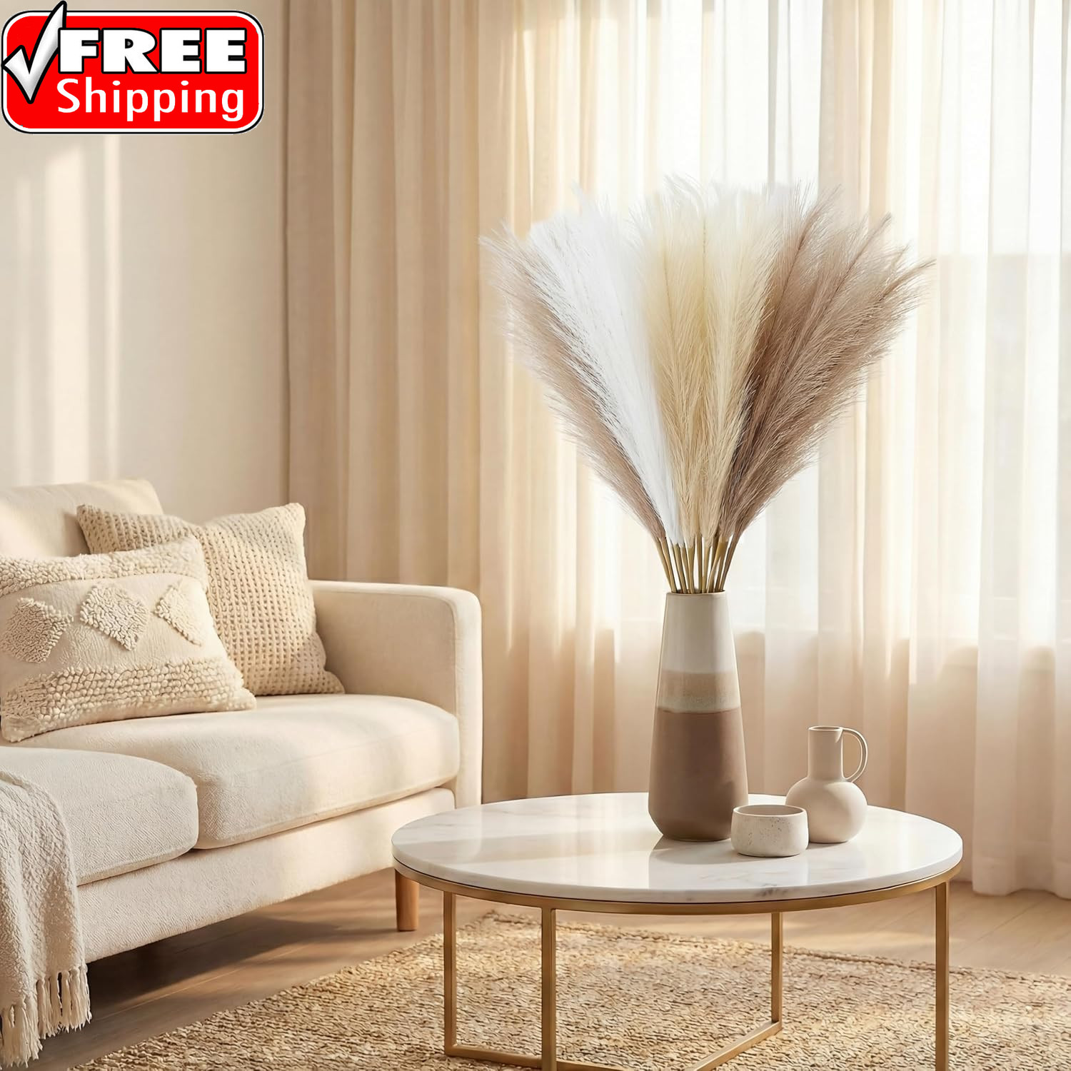 Pampas Grass Decor 21.7 Inch 30Pcs, Faux Pampas Grass White Beige Brown Ultra Fl