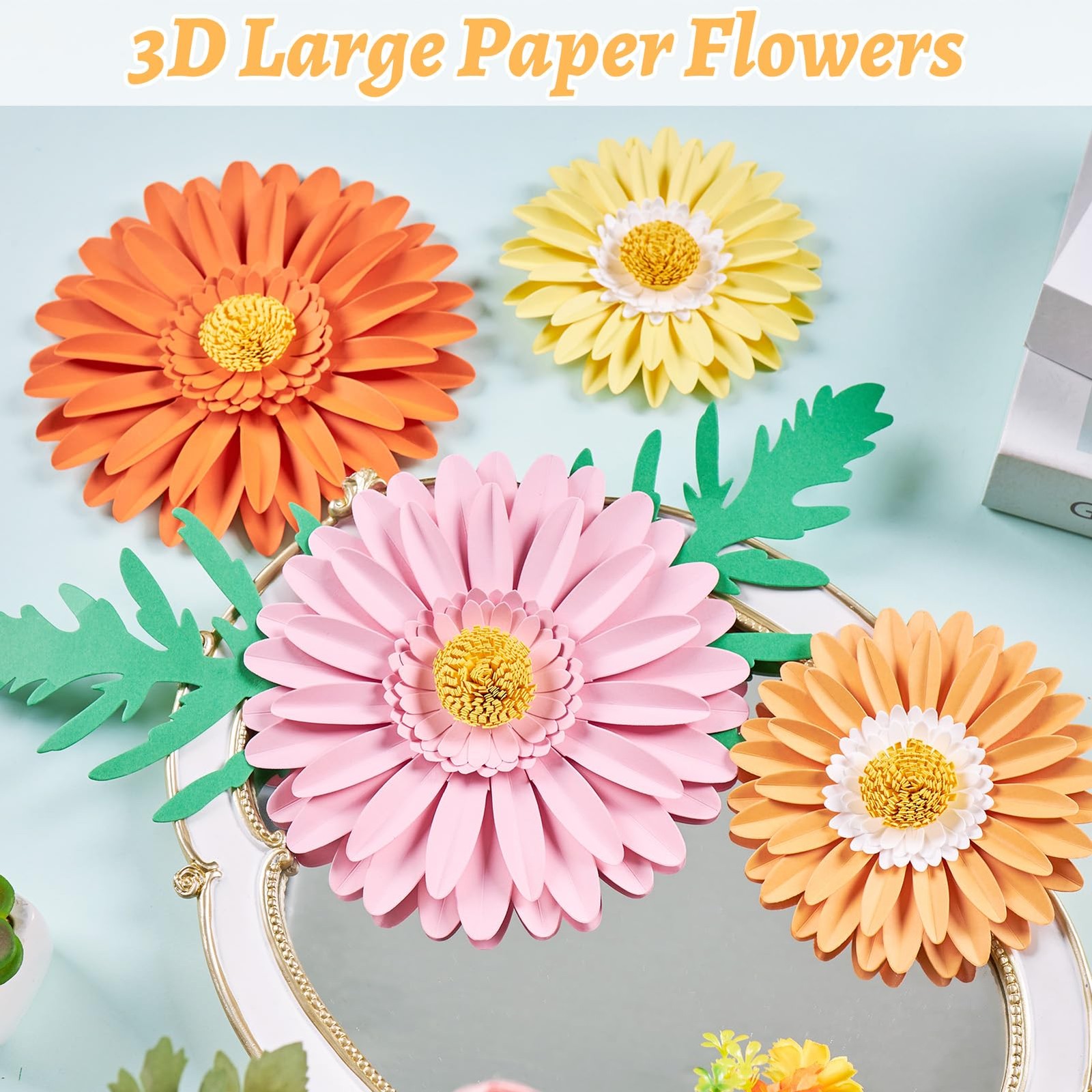 3D Paper Flowers Daisy Wall Decor Set Pink Orange Green Leaves 17pc 10in Large