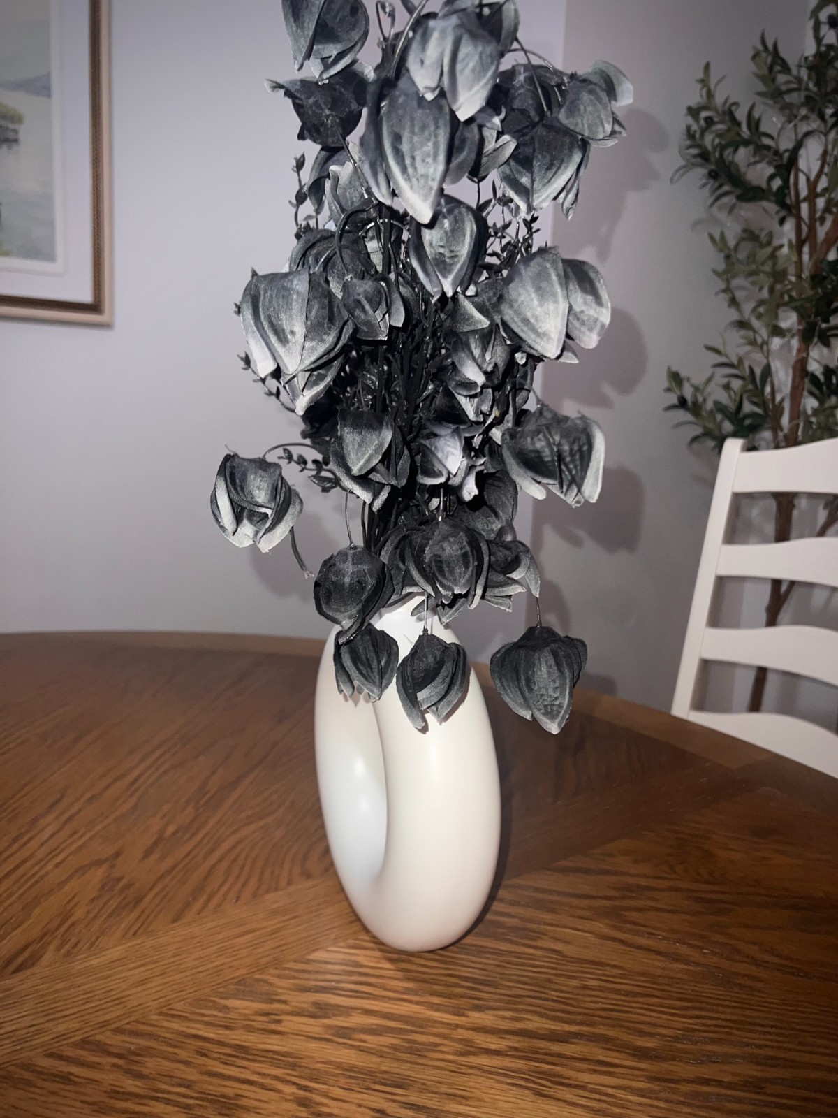 Modern White Donut Vase w/ Black Faux Floral Arrangement Minimalist Decor