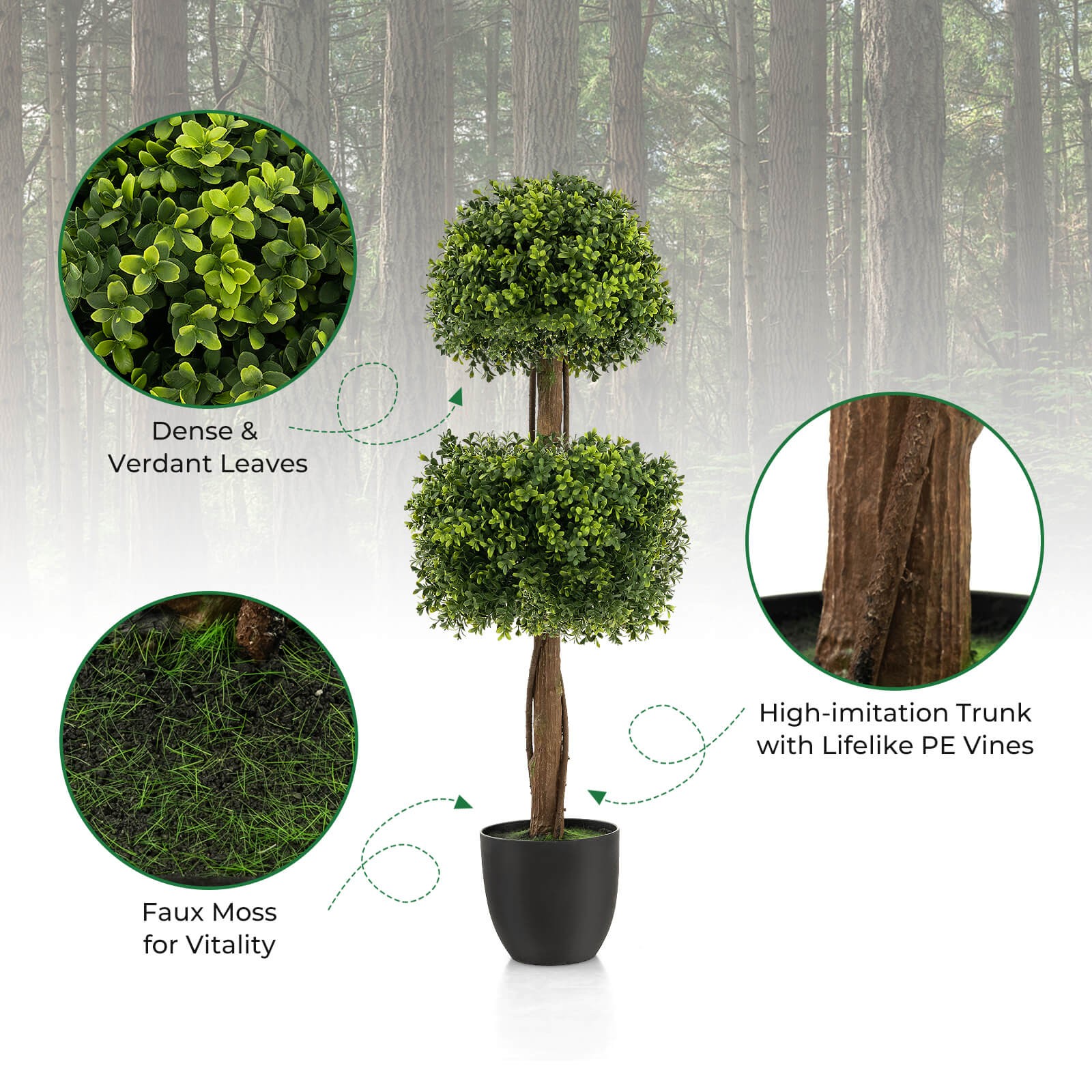 2-Pack 40″ Artificial Boxwood Topiary Ball Tree Faux Plant for Decoration