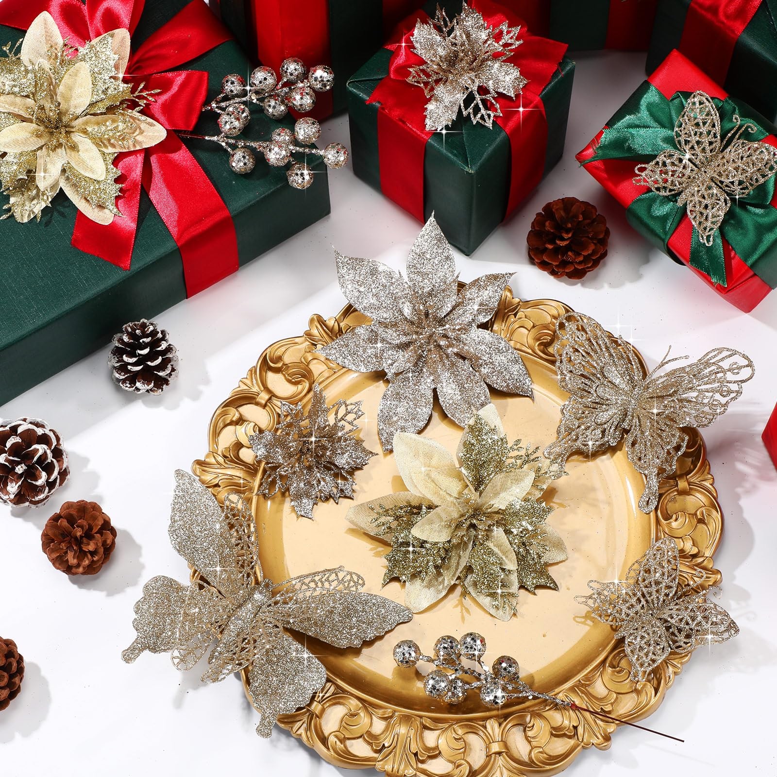 Thiccywoov 122 Pcs Christmas Glitter Poinsettia Artificial Flowers Berry Pick…