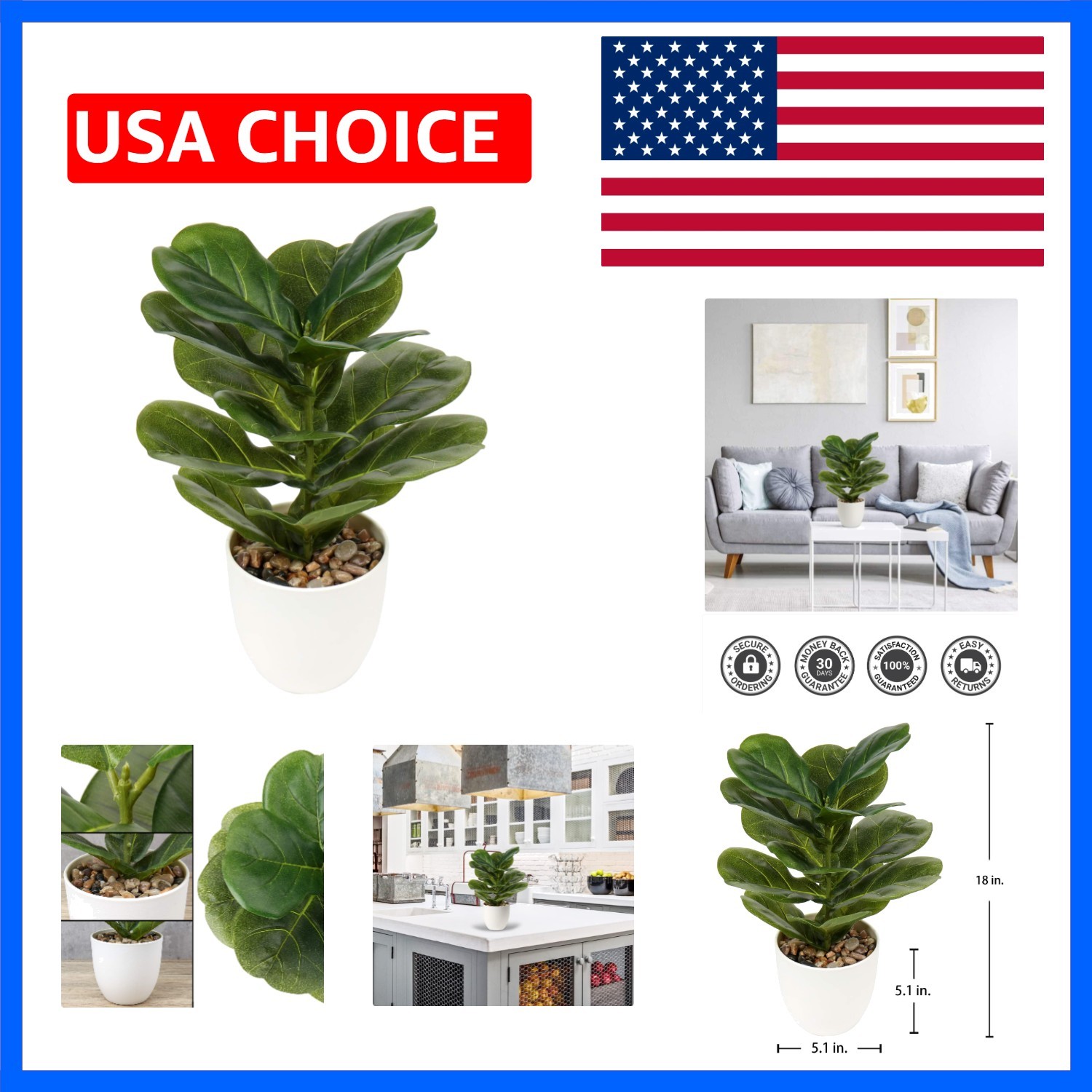 18 Inch Artificial Plants Realistic Fake Fiddle Leaf Fig Plant Faux Ficus Lyr…