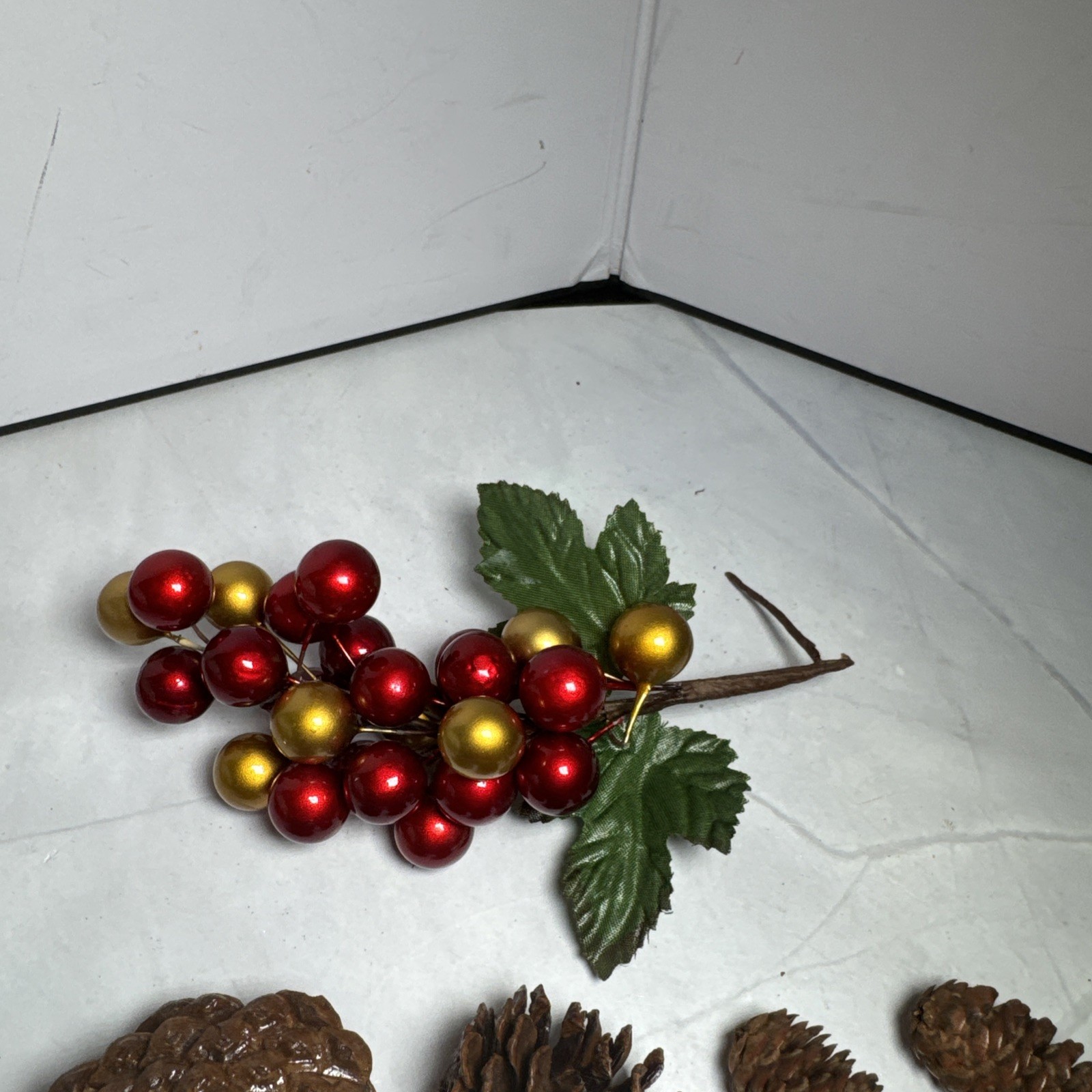 Red And Gold Holly Berry Stem and 4 Pine Cones Individual.