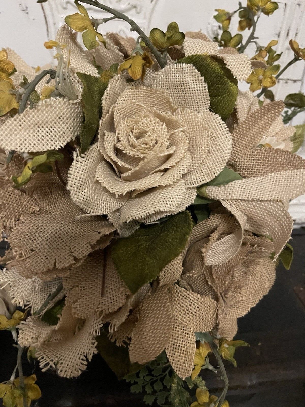 Burlap Flowers Farmhouse White Distressed Rustic Floral Centerpiece Decor