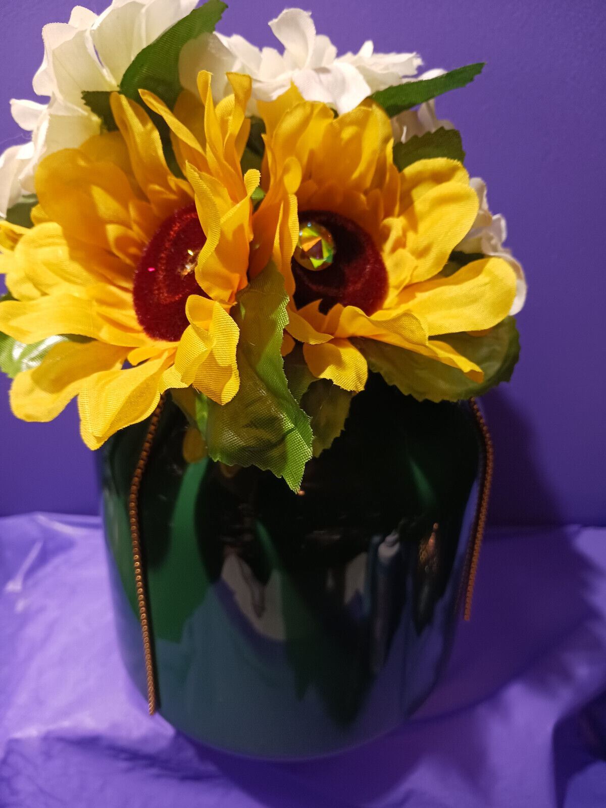 Artificial Flower Arrangement Vintage Green Vase Glass Butterfly On Gold Chain