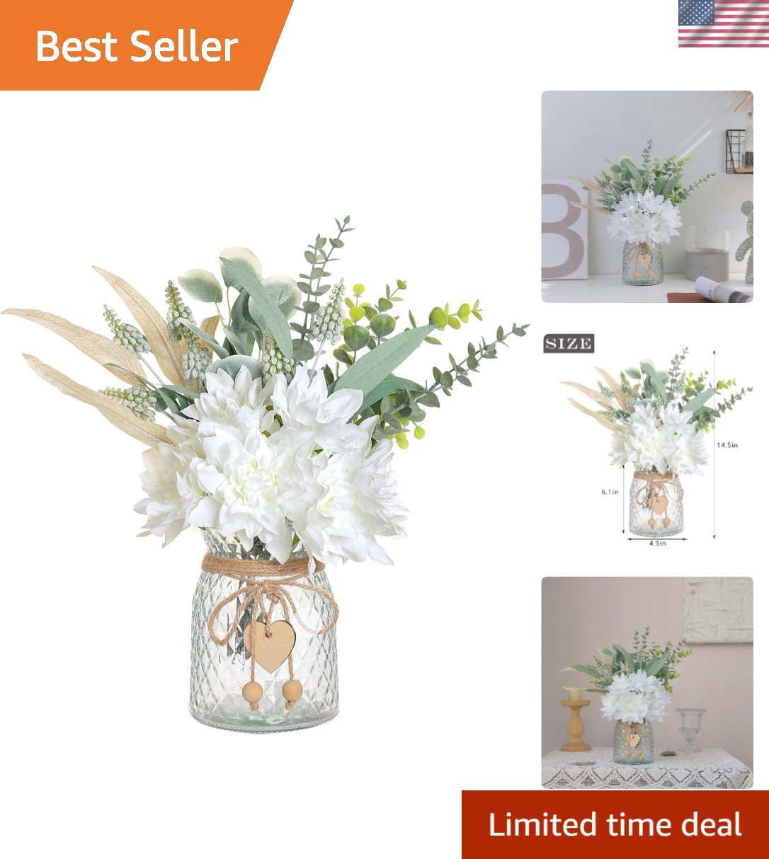 Beautiful Faux Dahlia and Eucalyptus Flowers in Vase – 14.5