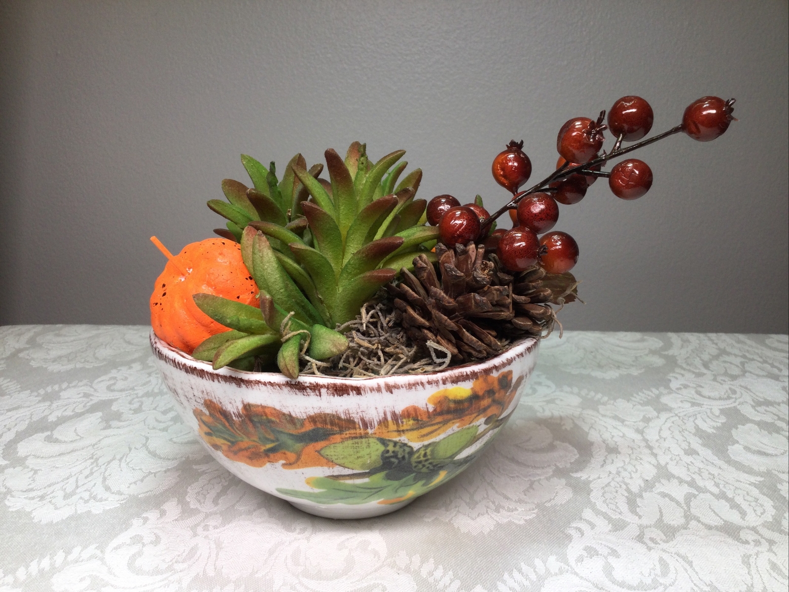 Floral Faux Succulent Arrangement Tuscan Bowl Centerpiece Fall Autumn Decor