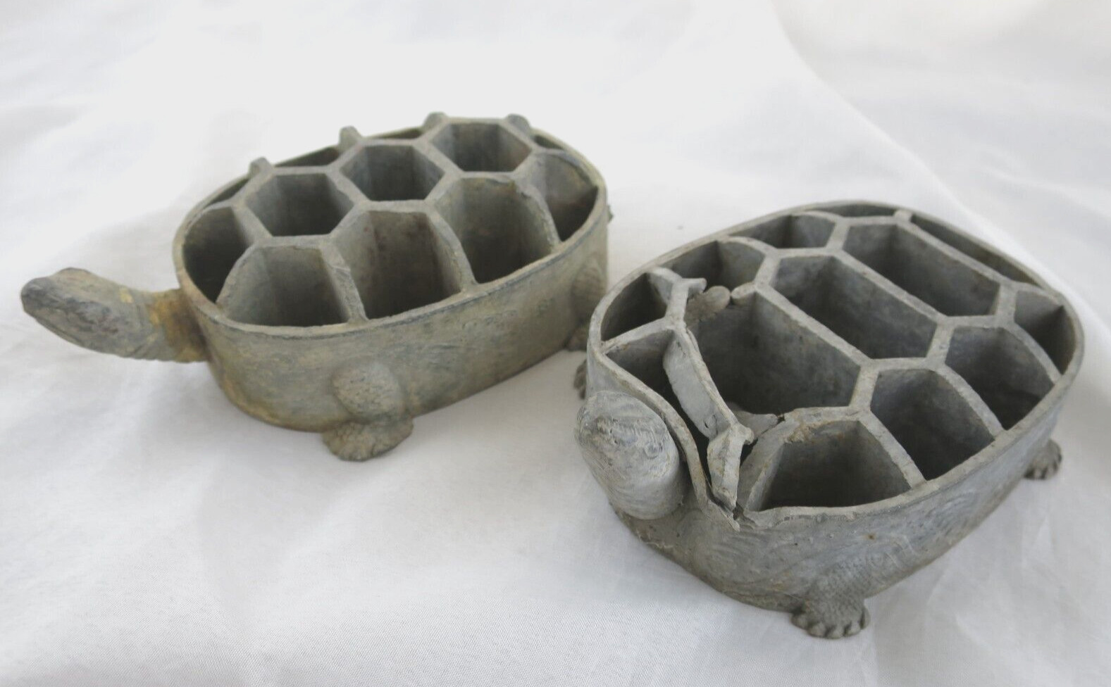 Vintage Metal Japanese Floral Frogs Turtle Shape Flower Arrangement Lot Of 2