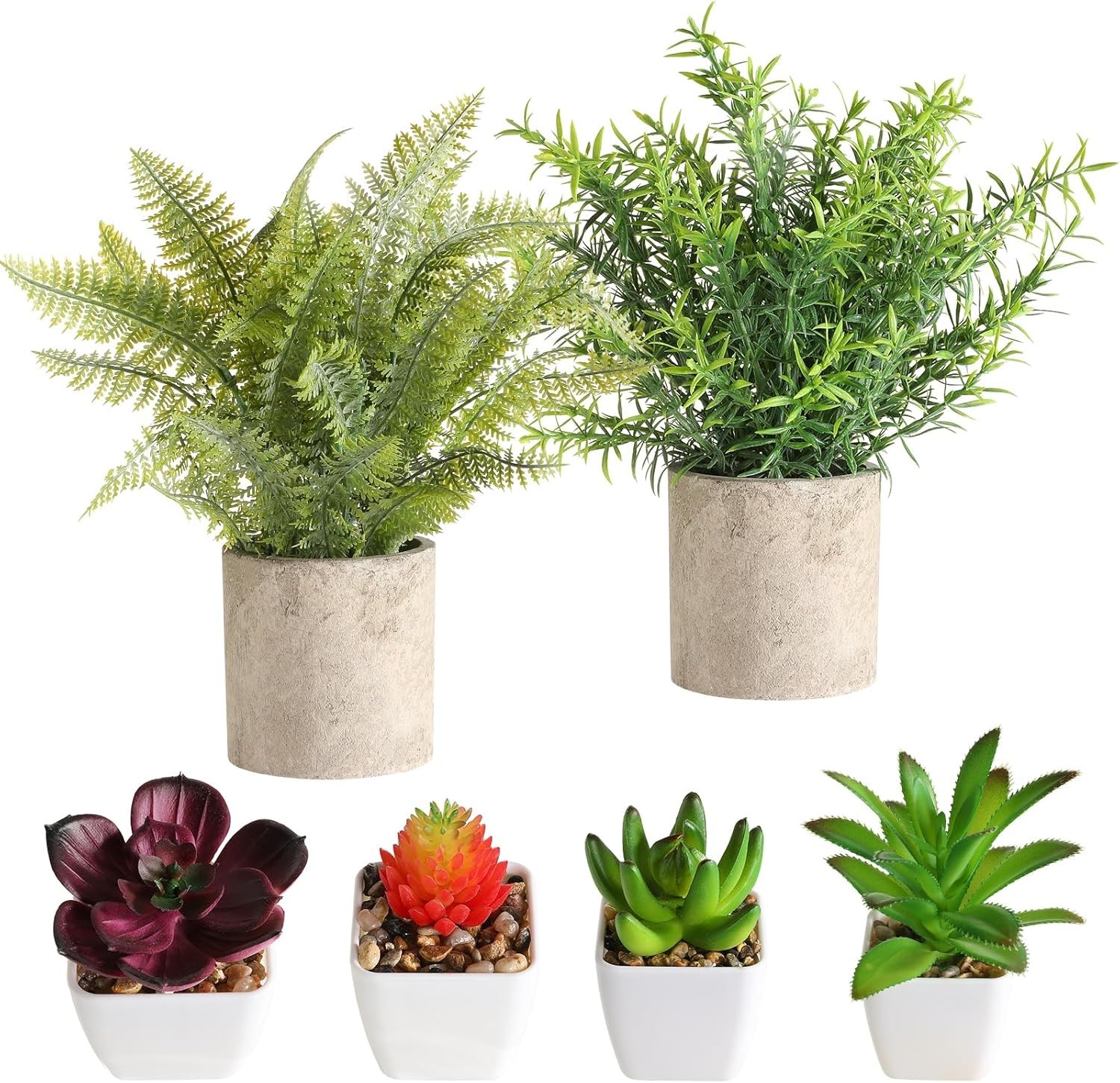 6-Count Mini Faux Plants Set – Succulents, Rosemary & Fern for Indoor Decor