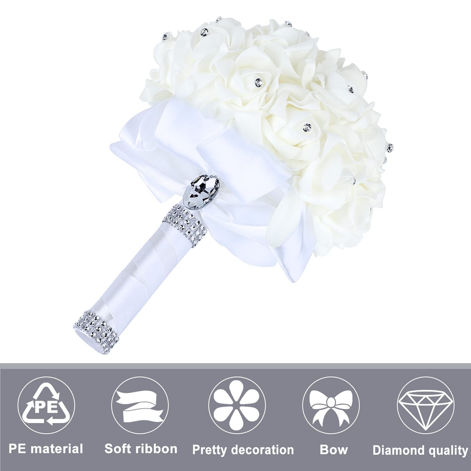White Wedding Bouquet Crystal Roses Artificial Bridal Flowers Party Church
