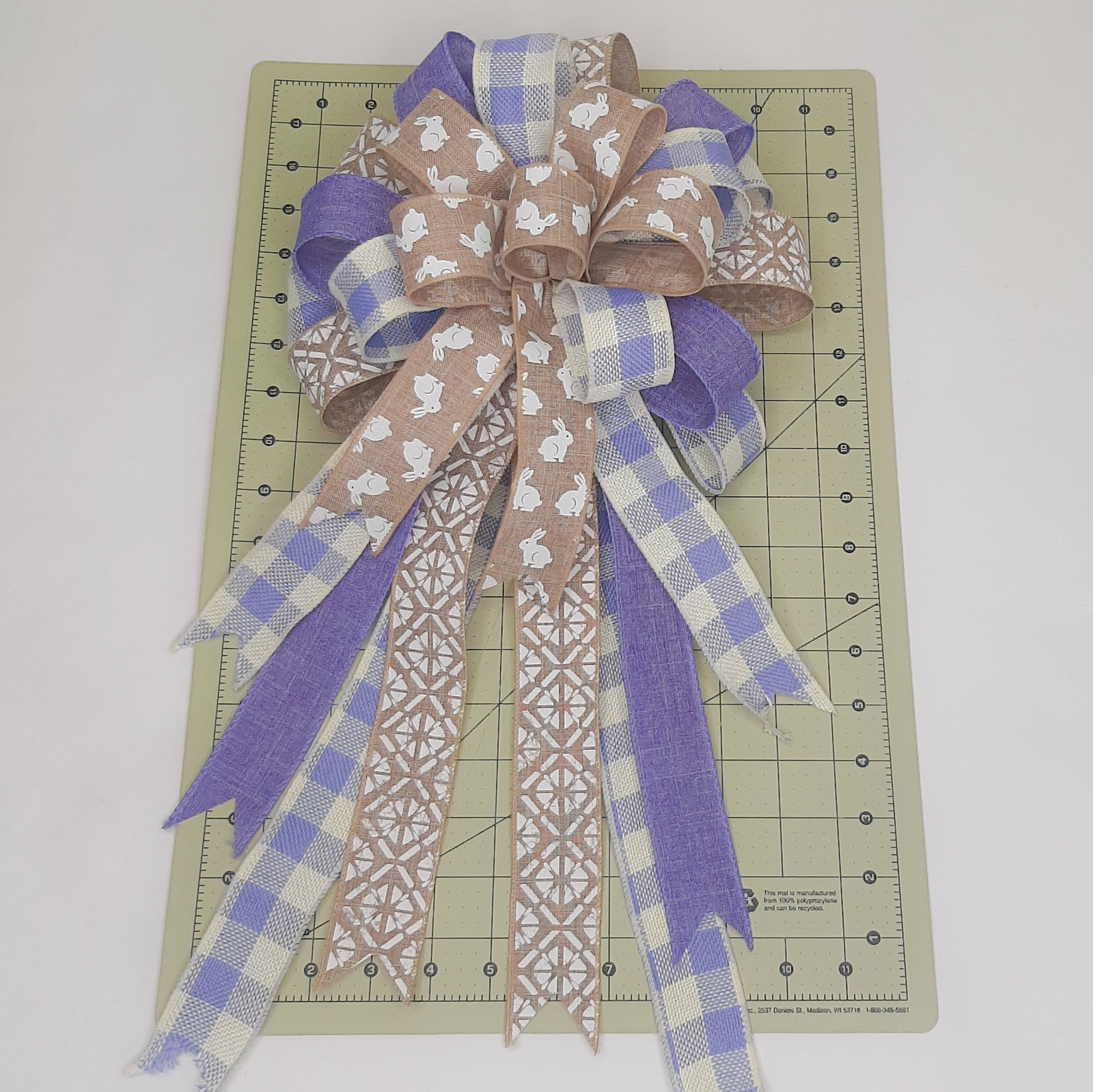 Easter Bow, Spring Bow, Wreath Bow, Beige Linen with Rabbit Print, Purple Check,