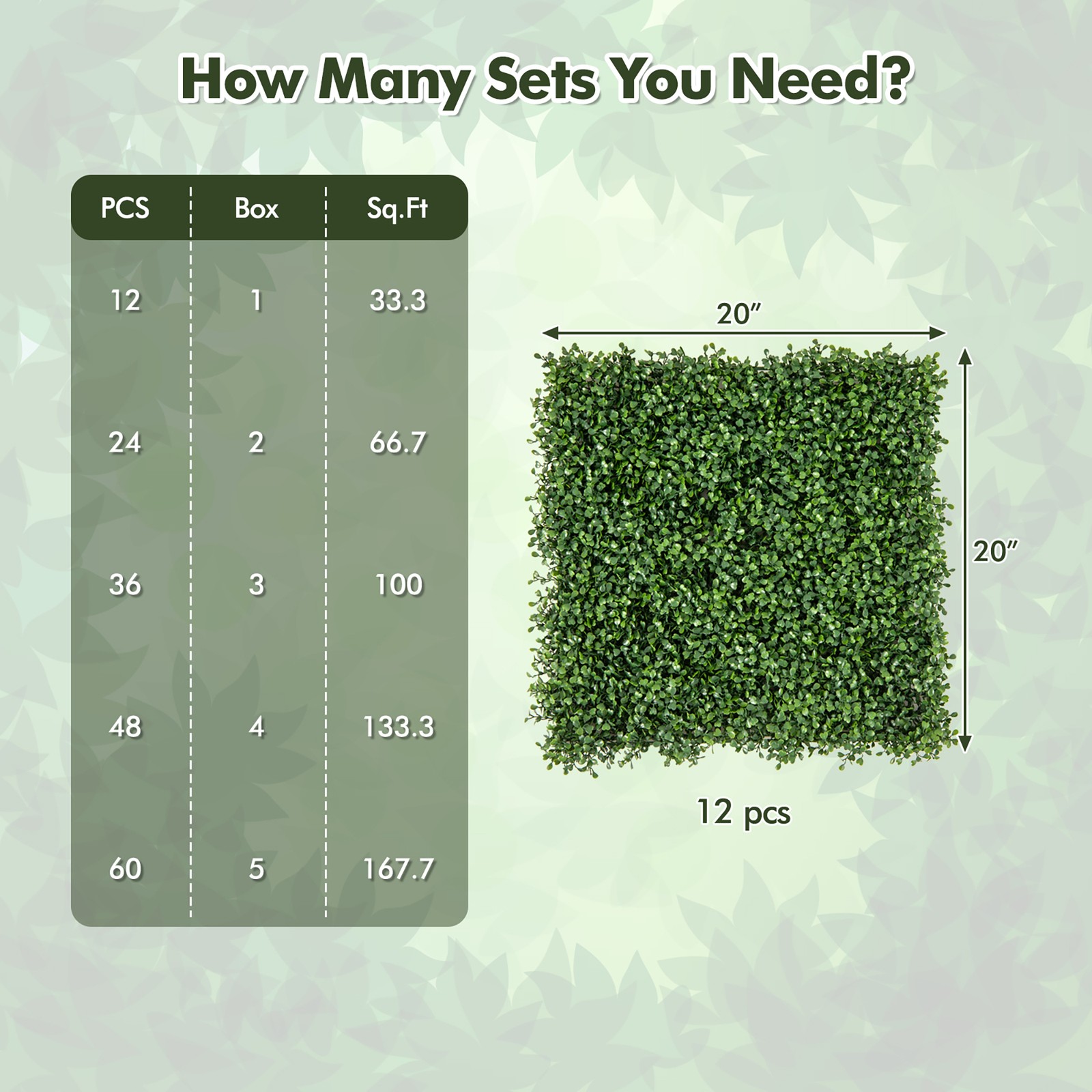 12 Pcs Faux Boxwood Panels w/ Insertable Branches Privacy Hedge Screen 20” x