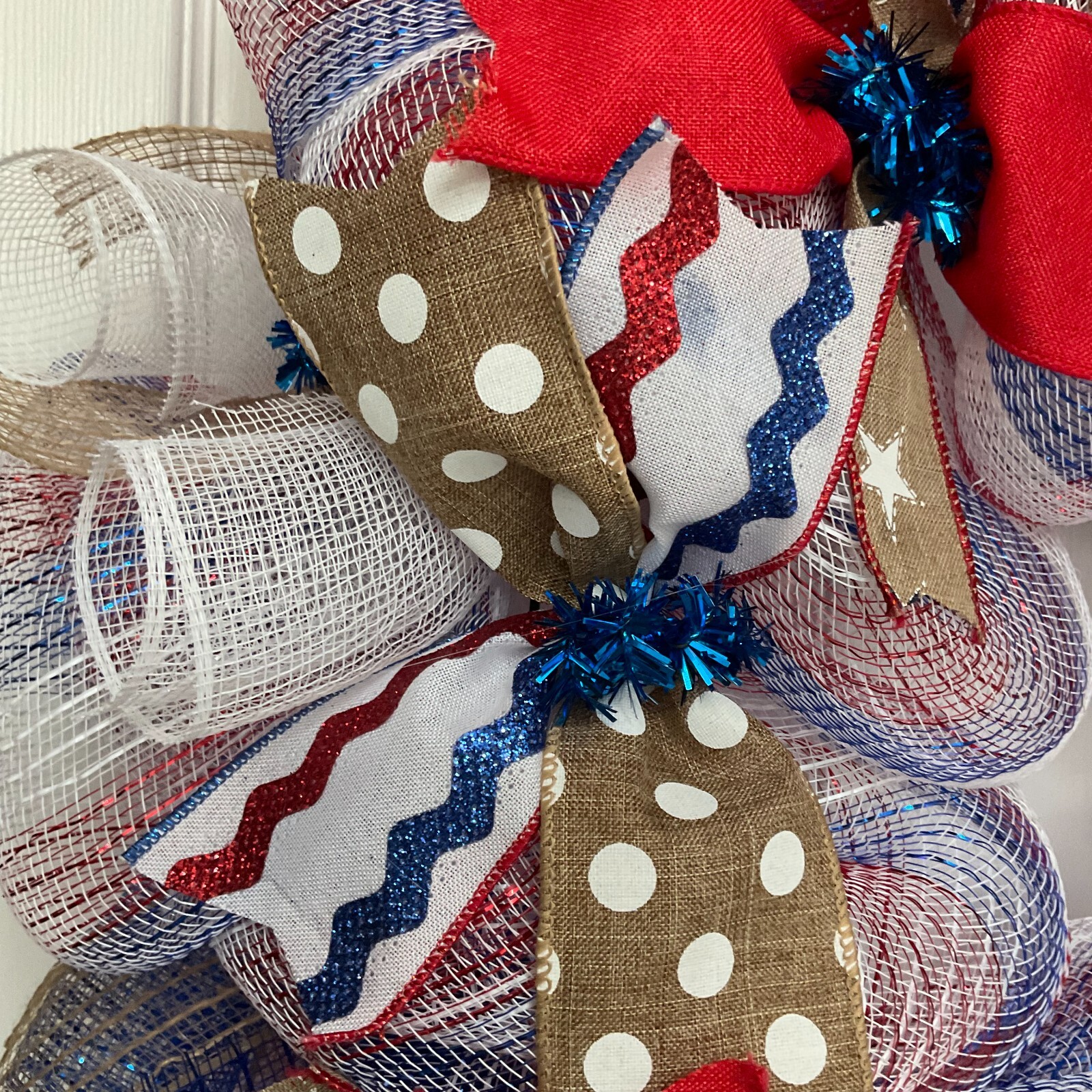 Red Burlap and Blue Patriotic Ribbon Wreath Handmade Deco Mesh