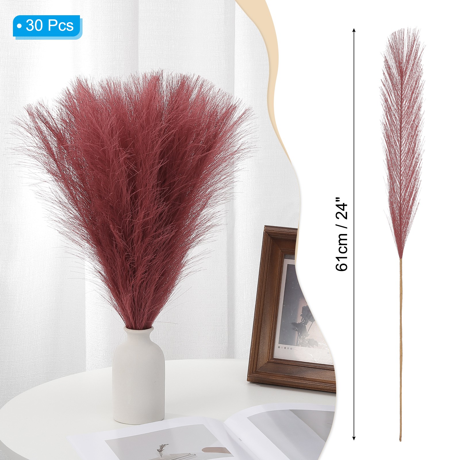 30Pack 24in Pampas Grass Decor Artificial Pampas Bulk Grass Small Dried Dark Red